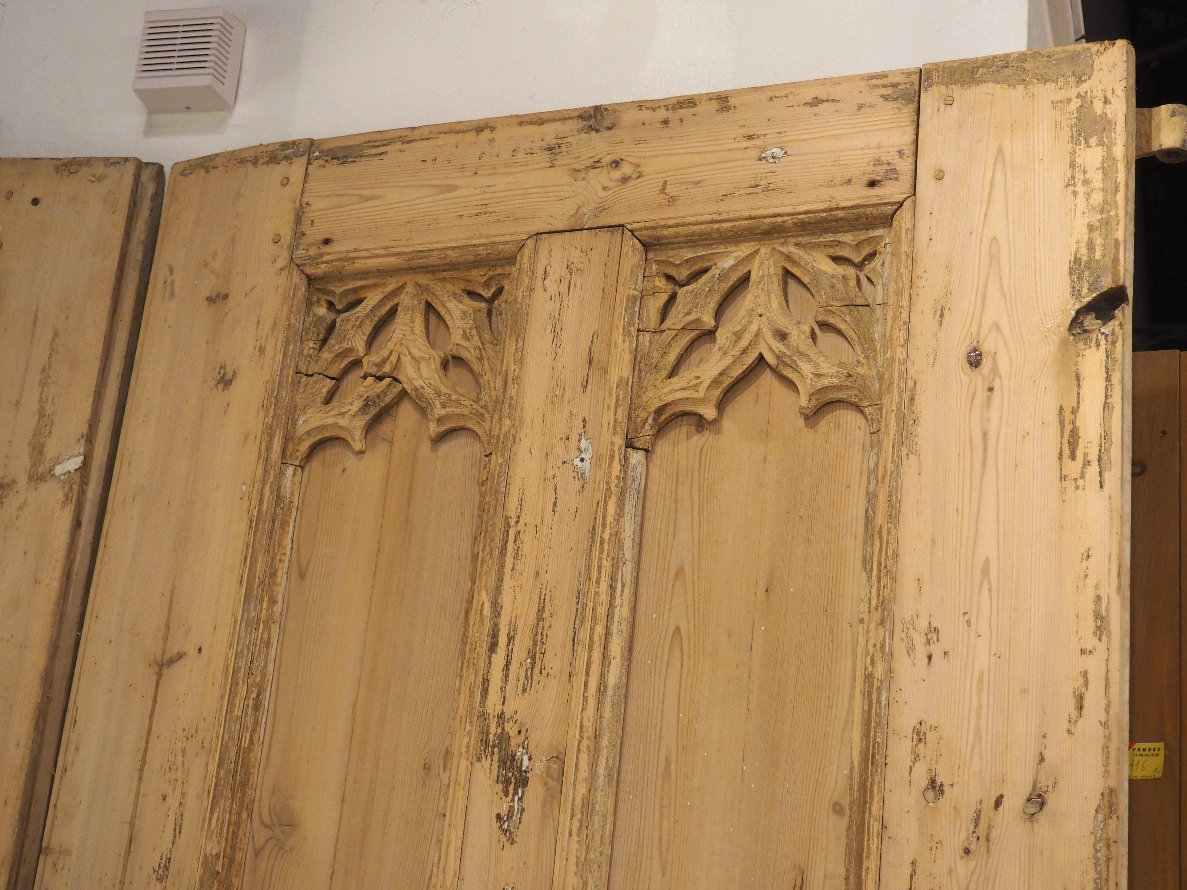 Pair of Large 19th Century French Gothic Style Doors in Carved Pine In Good Condition In Dallas, TX