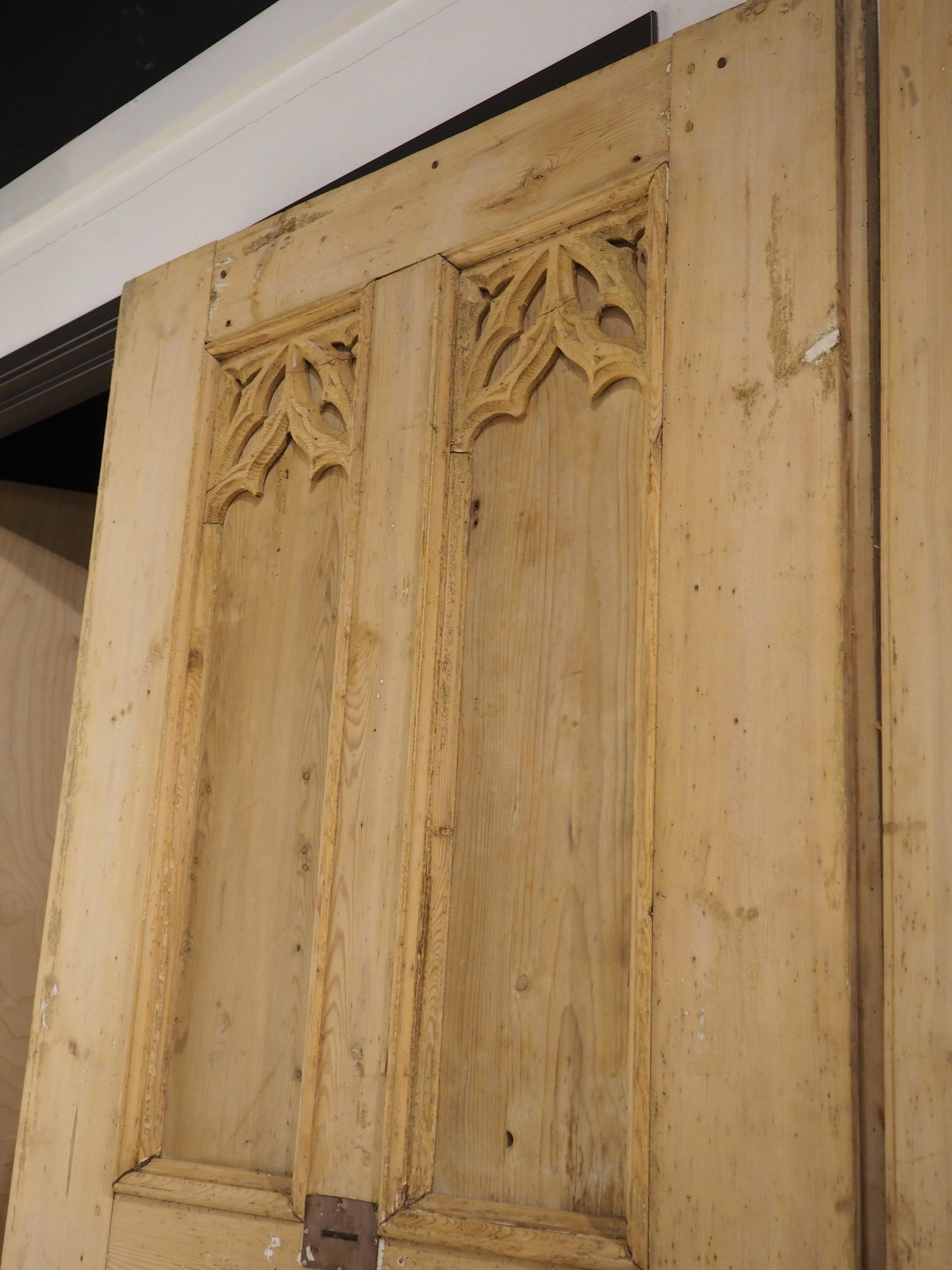 Metal Pair of Large 19th Century French Gothic Style Doors in Carved Pine
