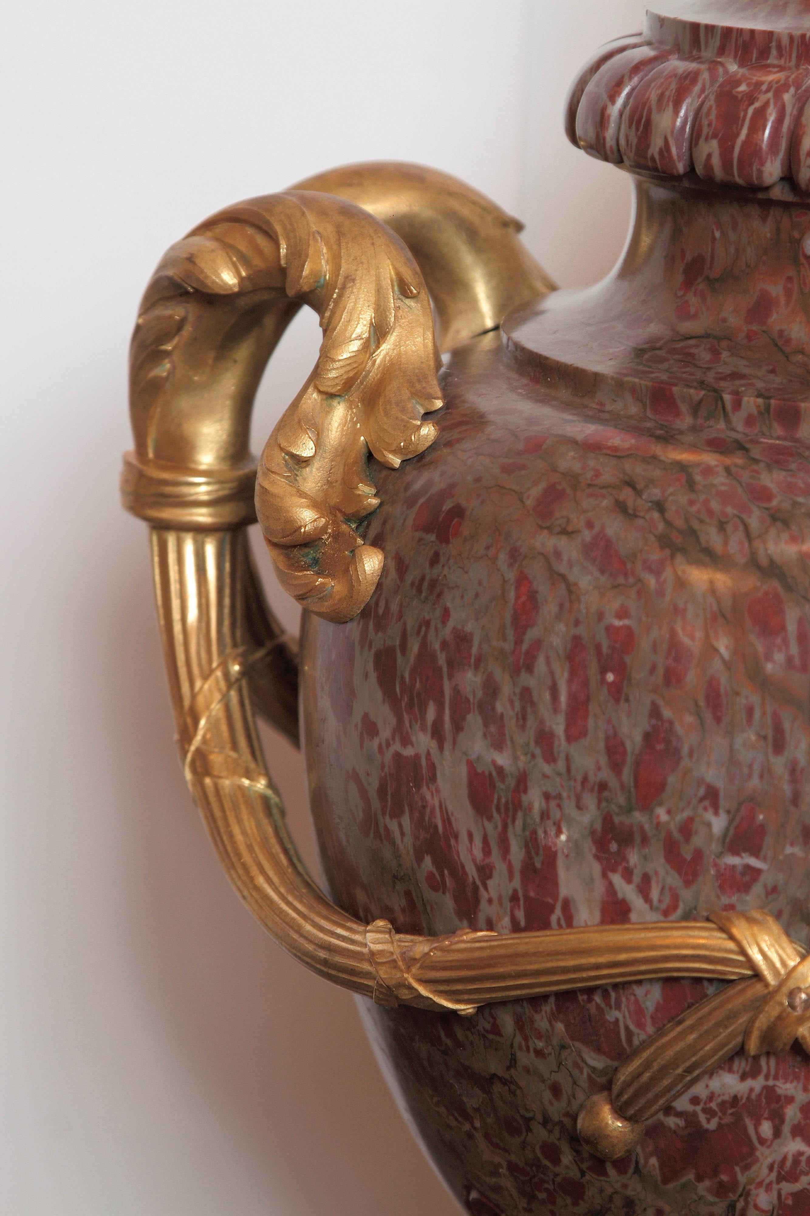 Pair of Large 19th Century French Louis XVI Marble and Gilt Bronze Urns 2