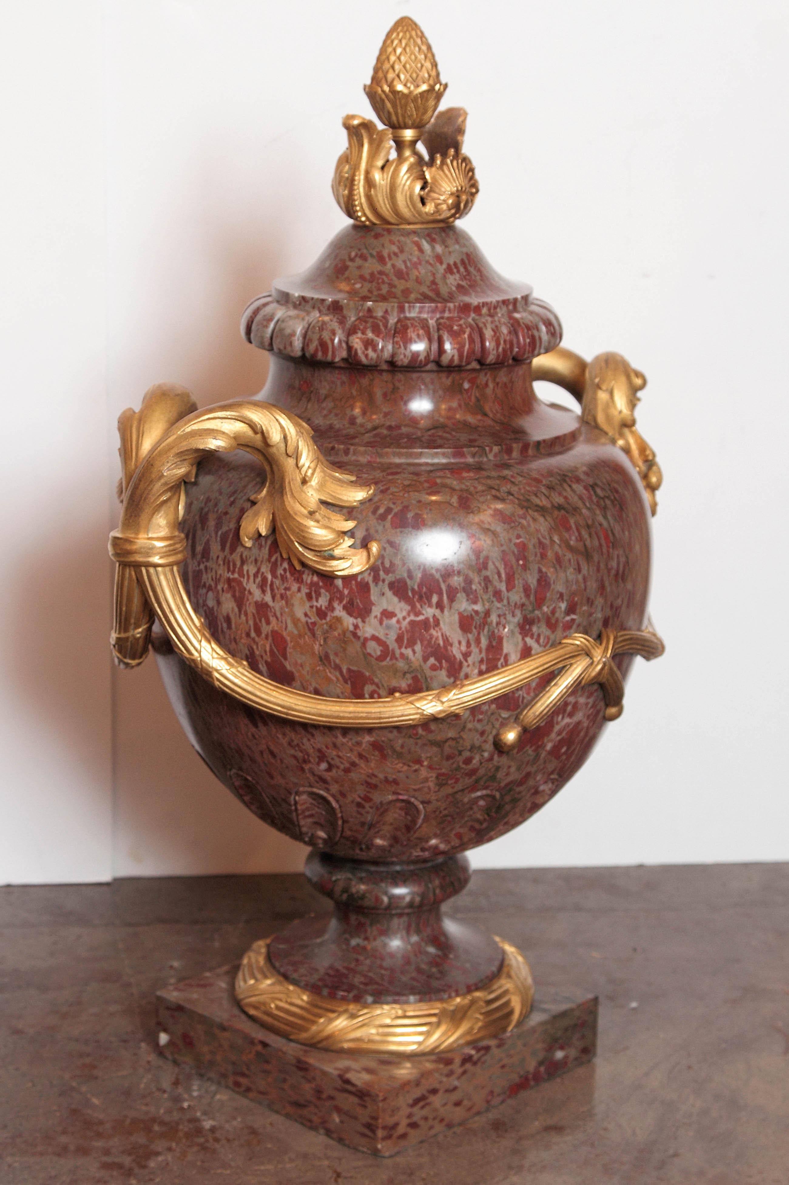 Pair of Large 19th Century French Louis XVI Marble and Gilt Bronze Urns 3