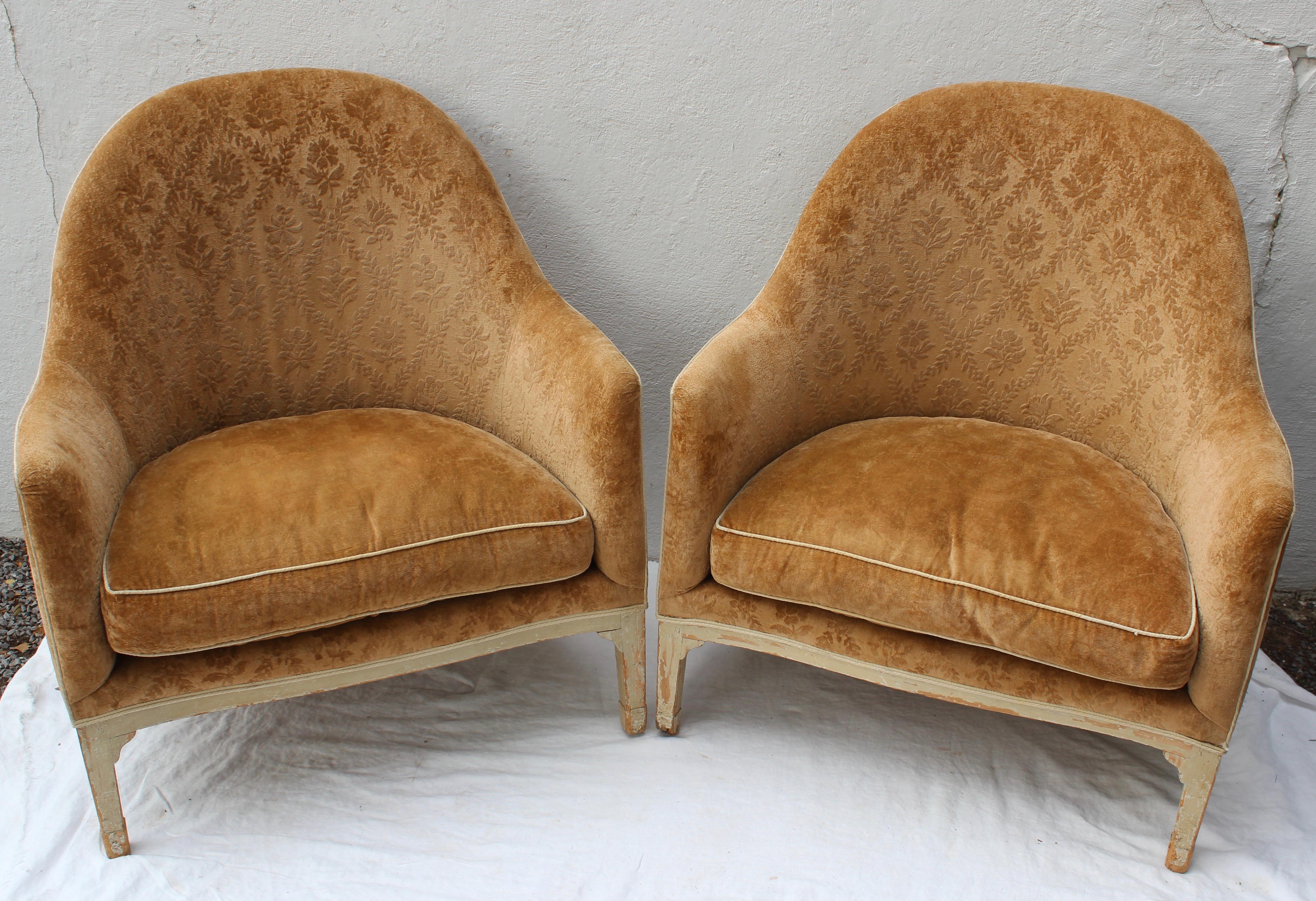 Pair of large 19th century French Louis XVI style five-legged bergere chairs.
Arched back and loose cushions. Velvet upholstery in great condition.

Measures: Seat height 18
