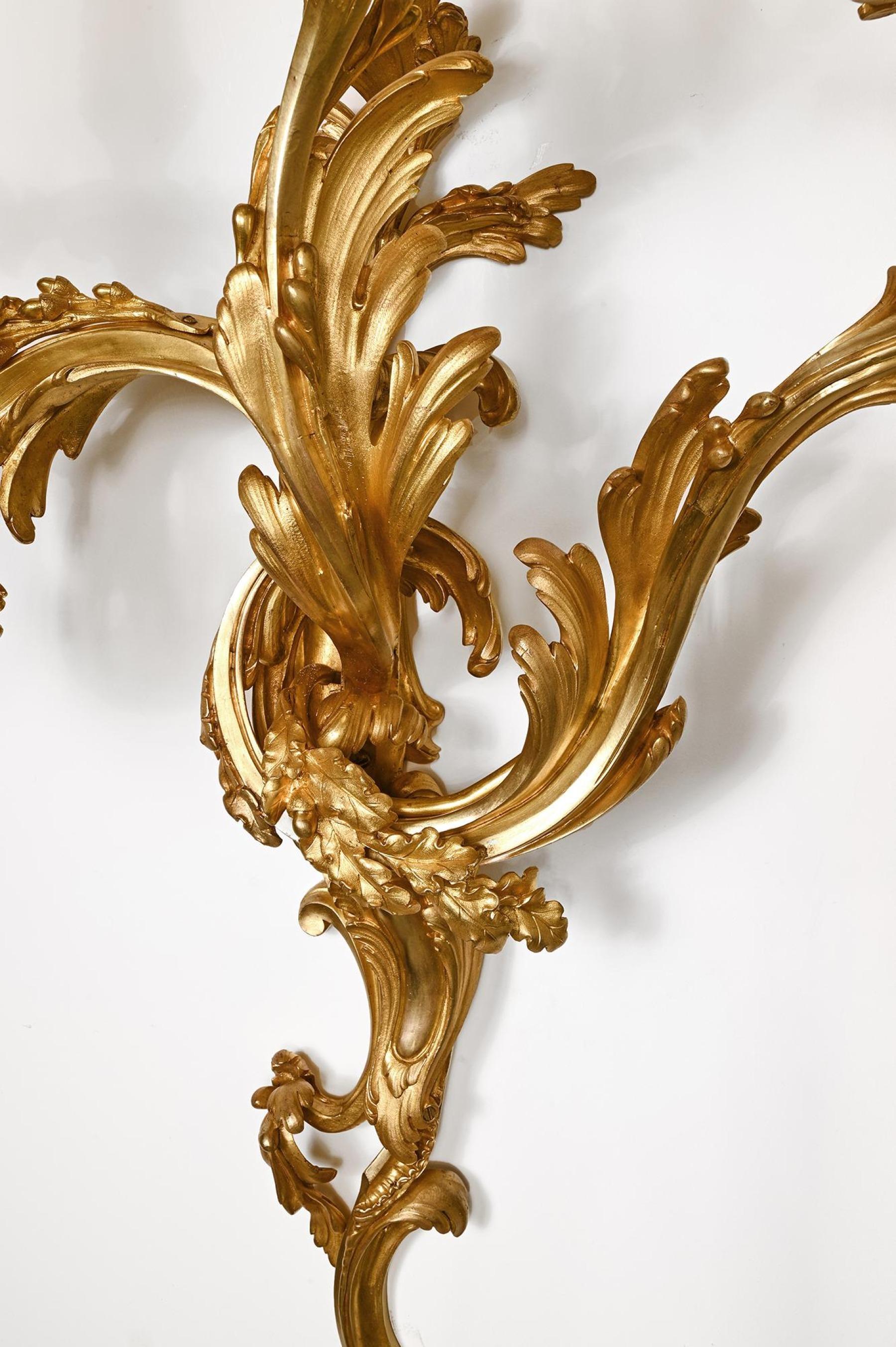 Late 19th Century Pair of Large 19th Century French Three Branch Ormolu Wall Lights or Appliqués For Sale