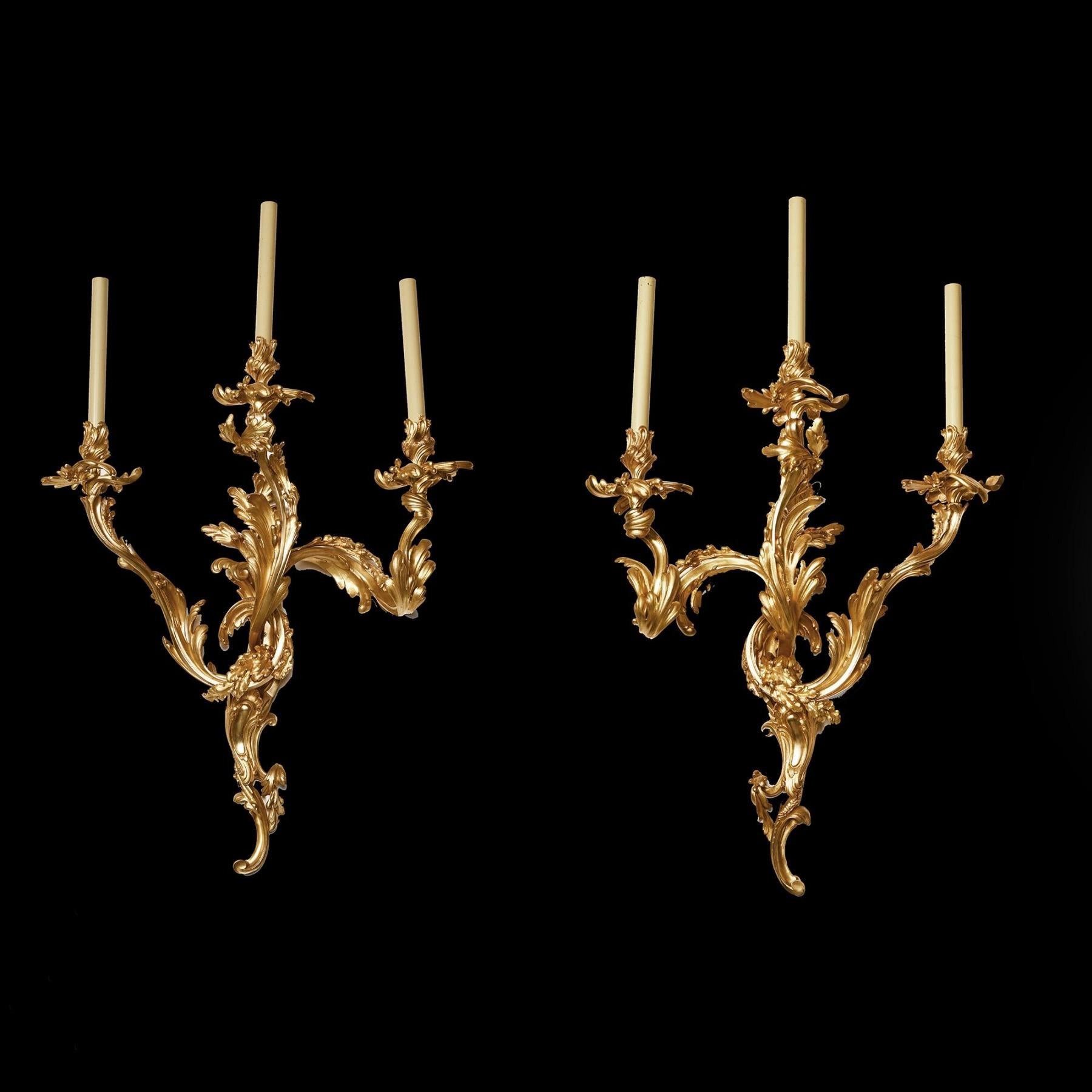Pair of Large 19th Century French Three Branch Ormolu Wall Lights or Appliqués For Sale 3