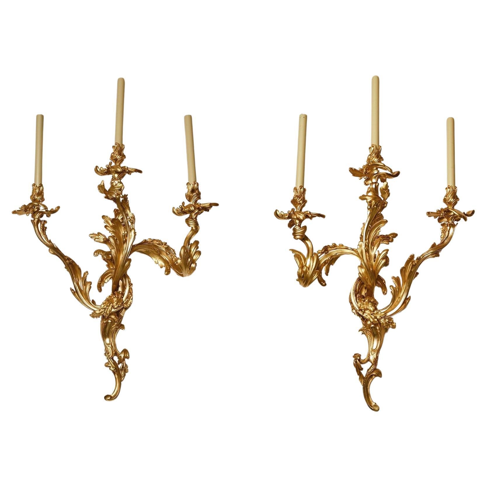 Pair of Large 19th Century French Three Branch Ormolu Wall Lights or Appliqués