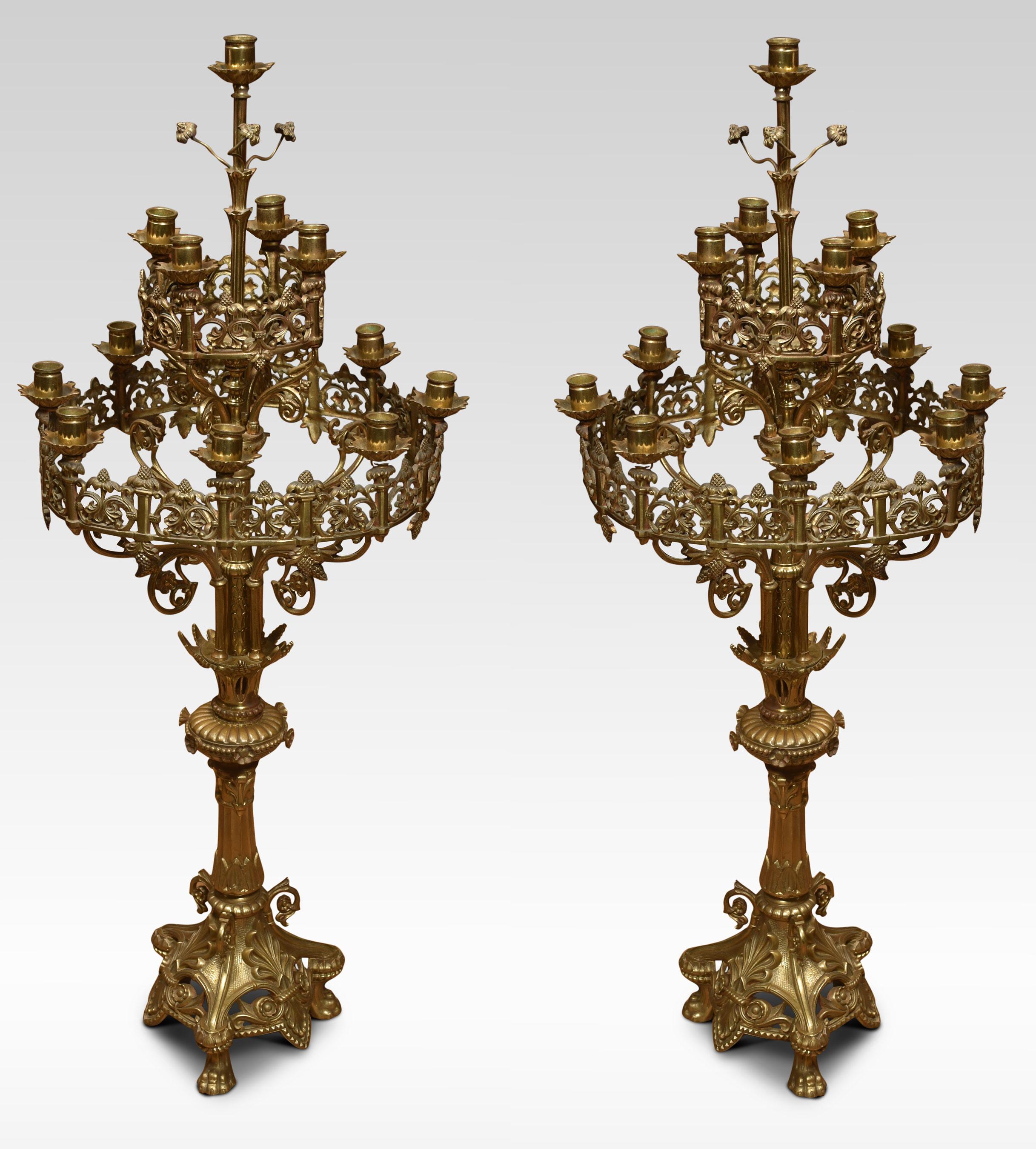 Brass Pair of large 19th Century Gothic revival brass candelabras For Sale