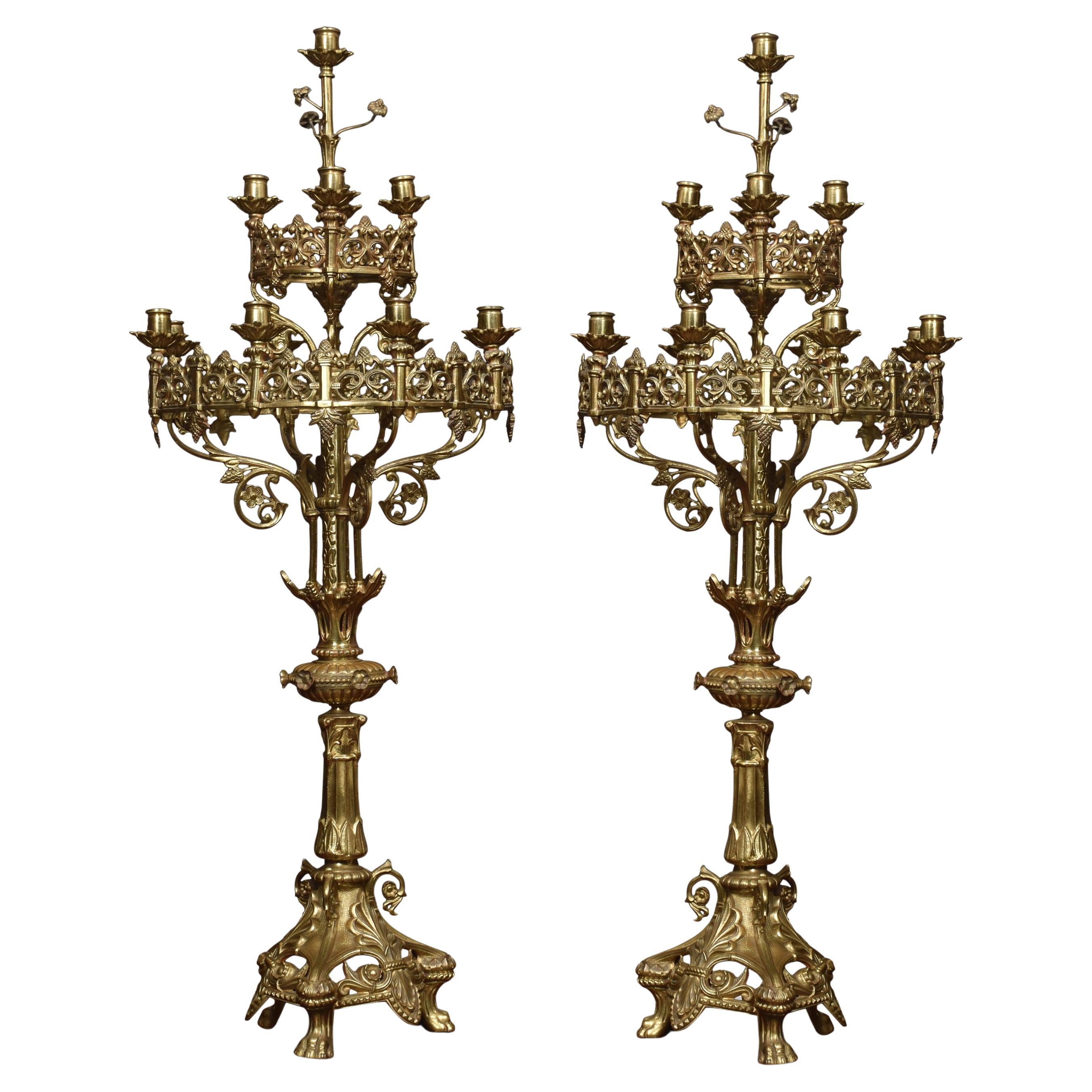 Large Antique Gothic Revival Church Candelabras 19th Century Brass  Candlestick For Sale at 1stDibs