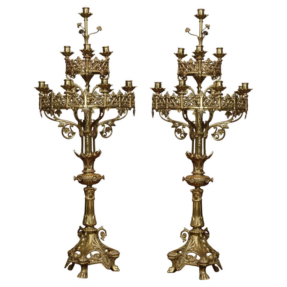 Large Antique Gothic Revival Church Candelabras 19th Century Brass ...