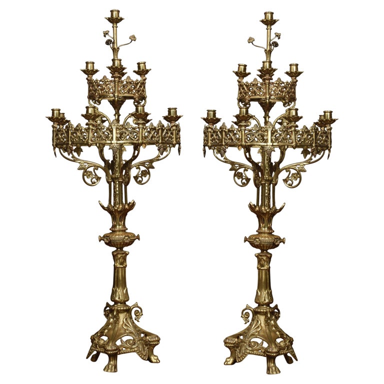 Pair of large 19th Century Gothic revival brass candelabras For Sale at  1stDibs