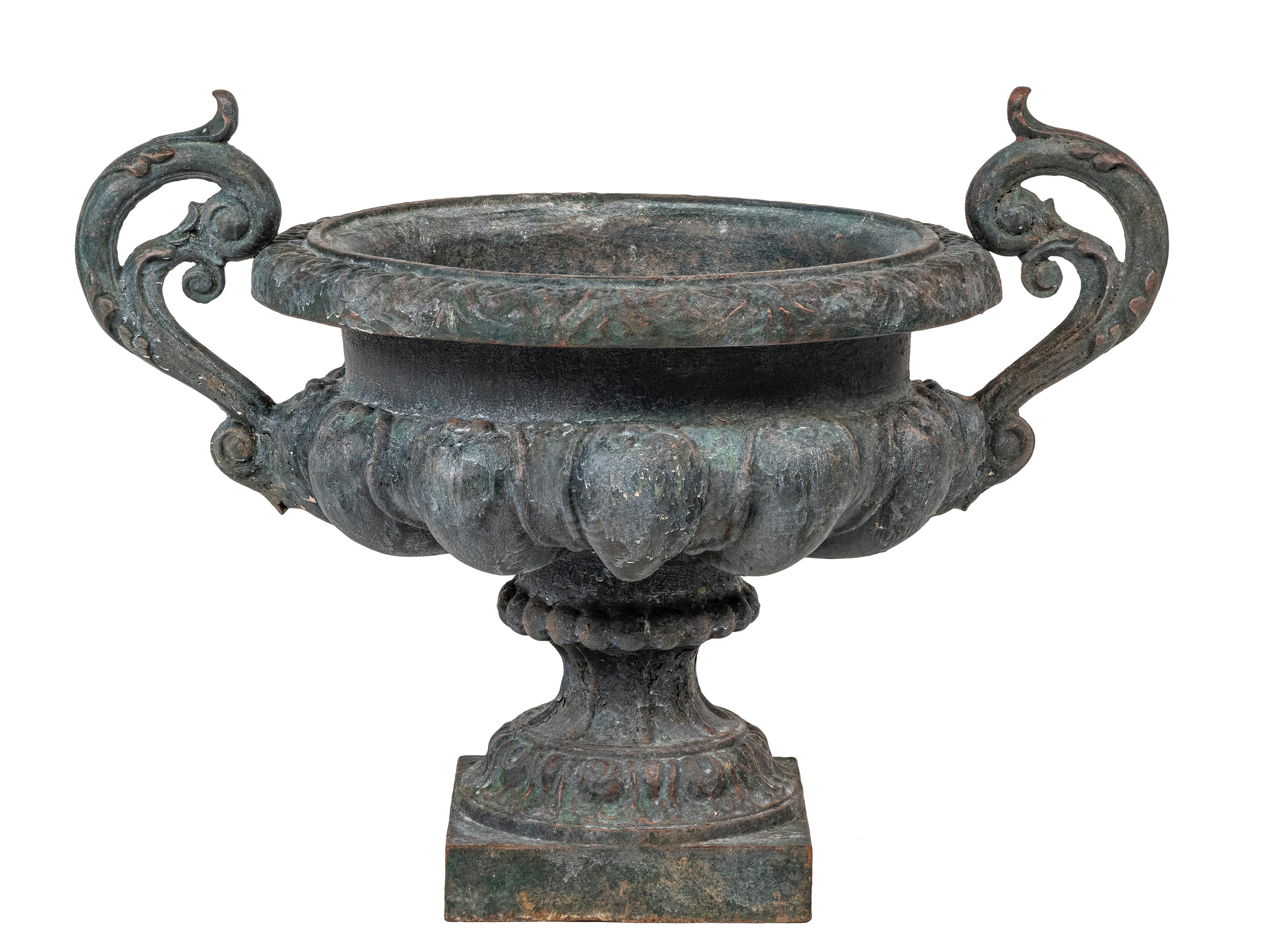 French Pair of large 19th Century green painted Napoleon III urns with handles For Sale