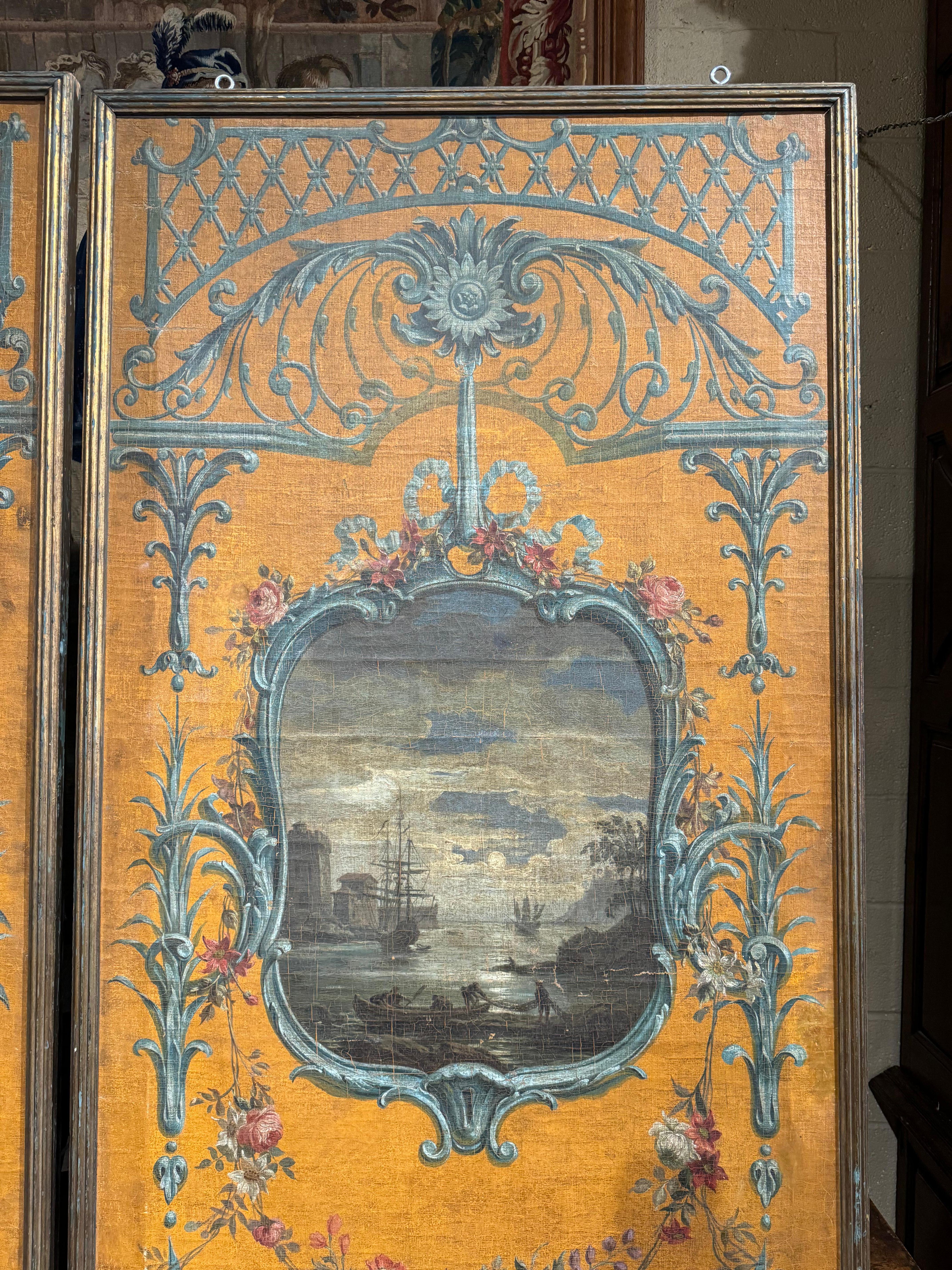 French Pair of Large 19th Century Hand Painted Wall Panels on Canvas in Gilt Frames For Sale
