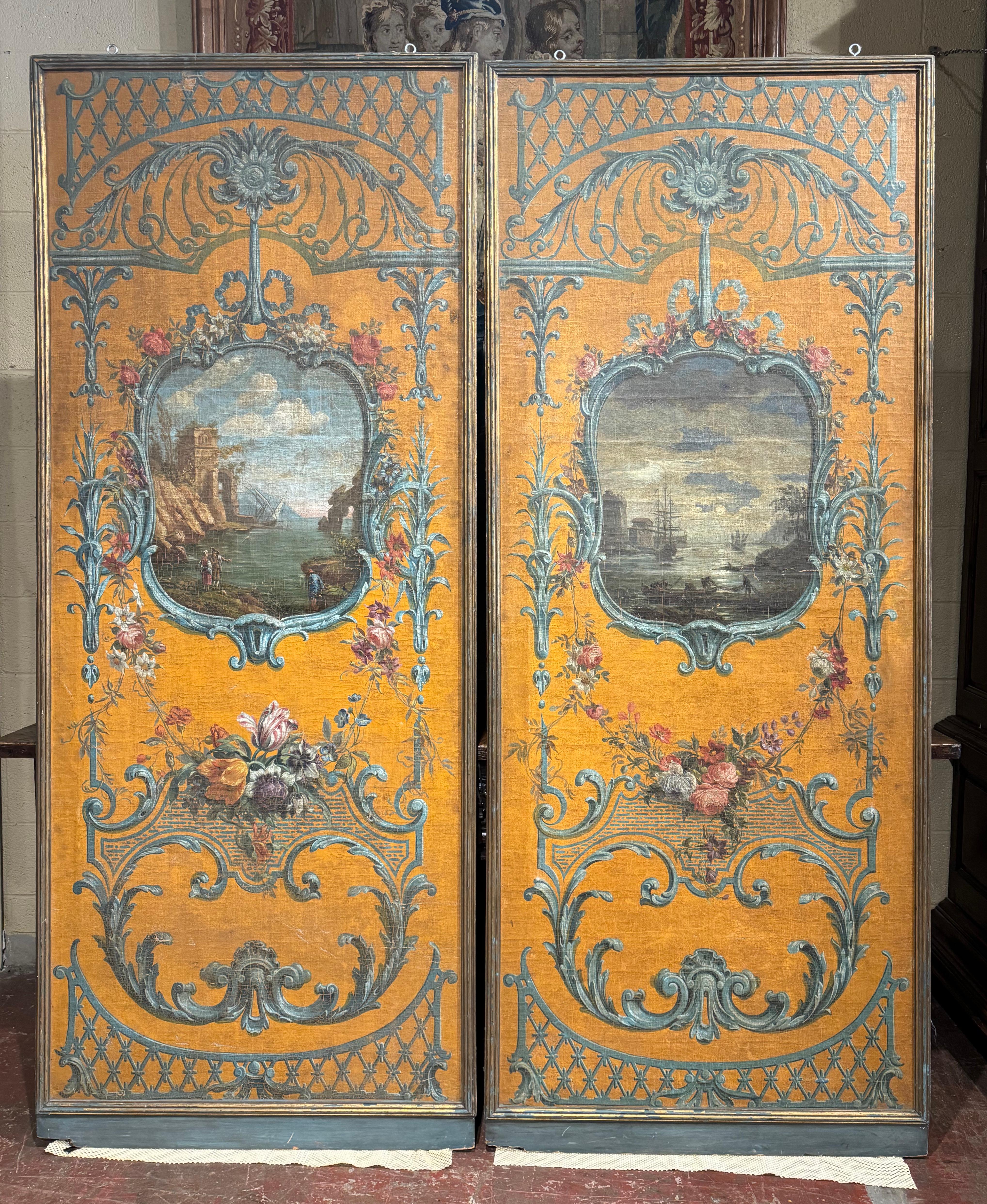 Pair of Large 19th Century Hand Painted Wall Panels on Canvas in Gilt Frames In Excellent Condition For Sale In Dallas, TX