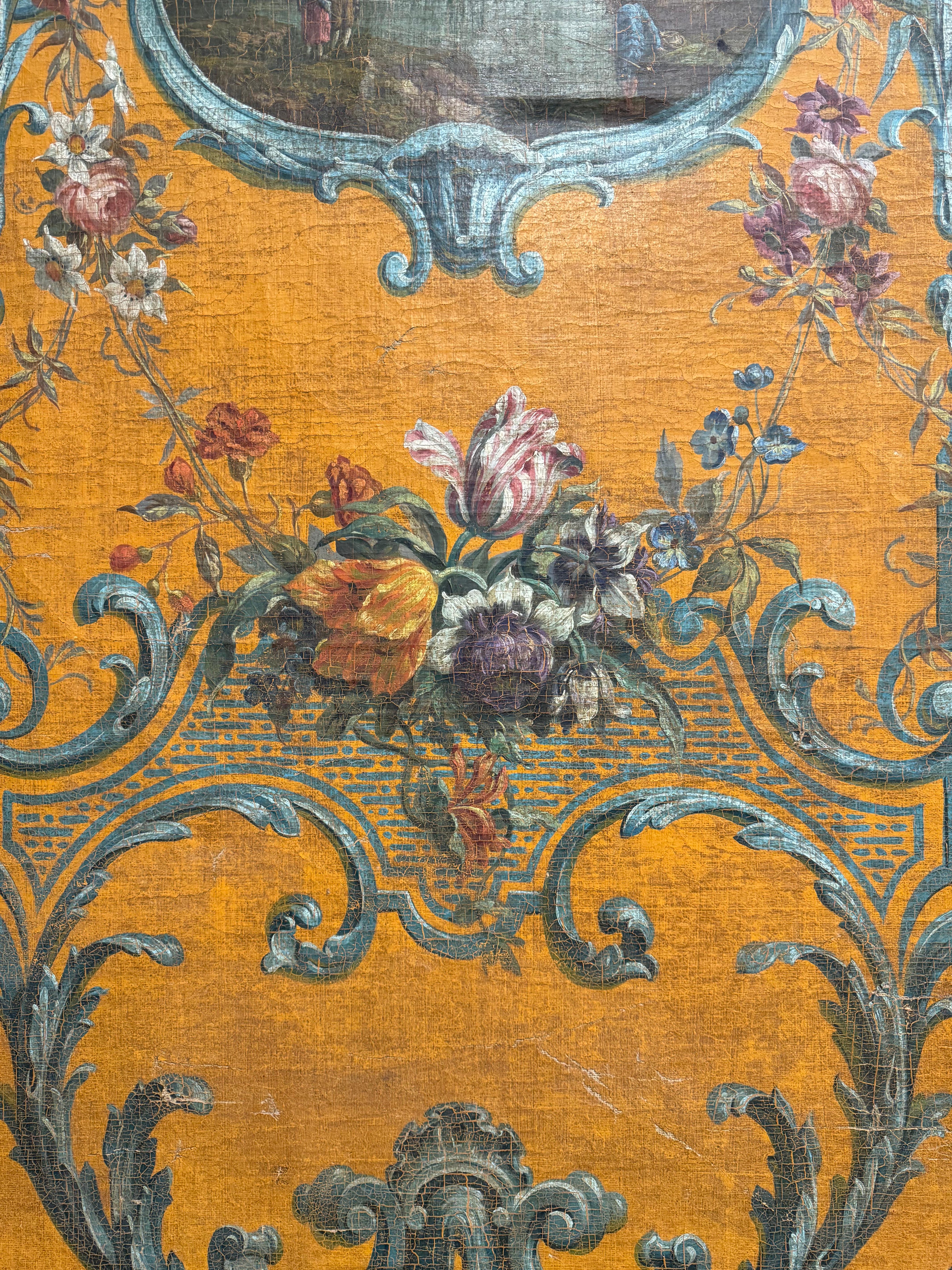 Pareja de grandes paneles de pared pintados a mano sobre lienzo del siglo XIX en marcos dorados siglo XVII en venta