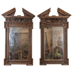 Pair of Large 19th Century Irish Oak Shell & Scroll Decorated Foxed Mirrors