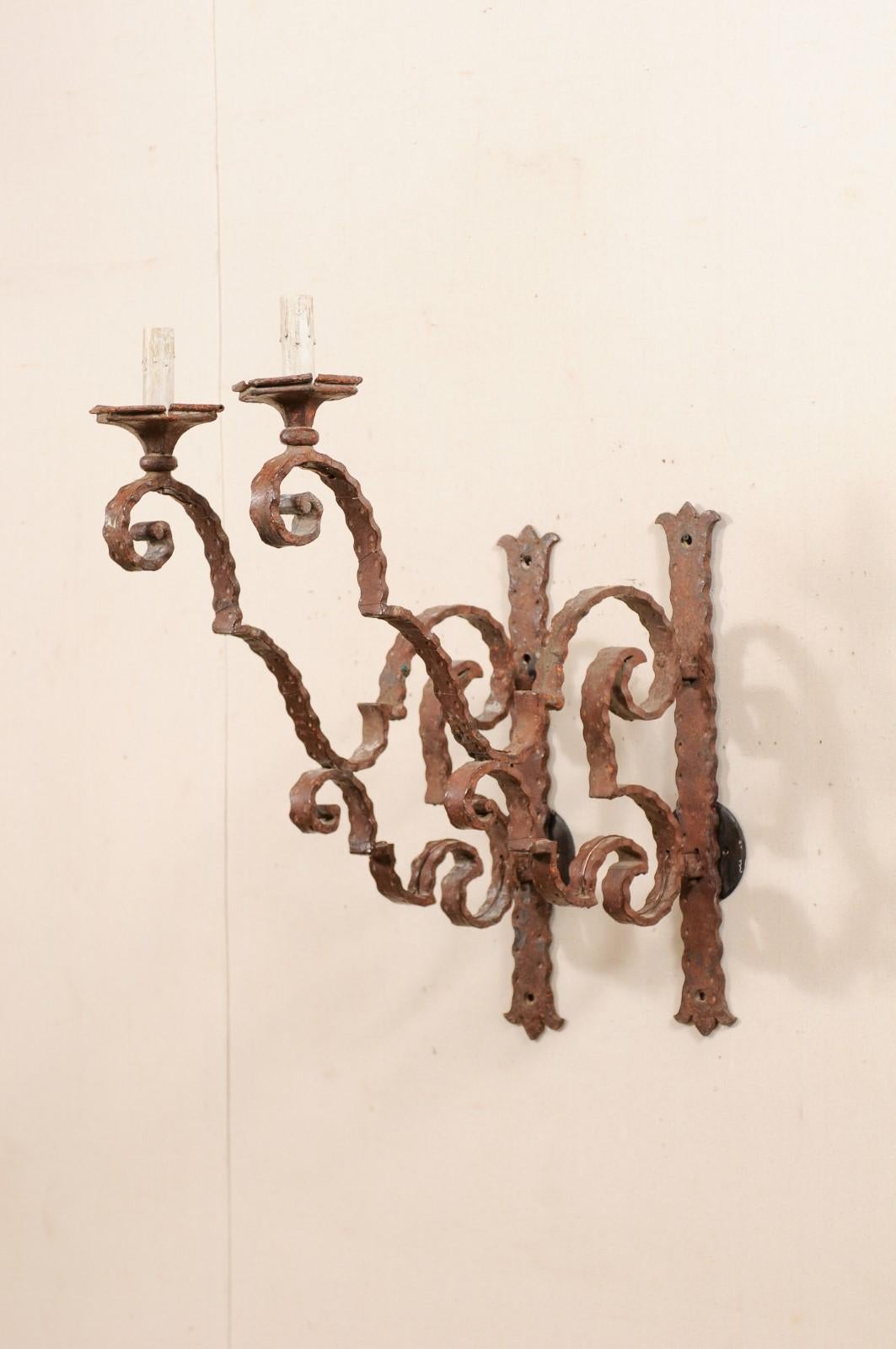 Forged Pair of 19th Century Italian Scrolling Iron Single Light Sconces, 34
