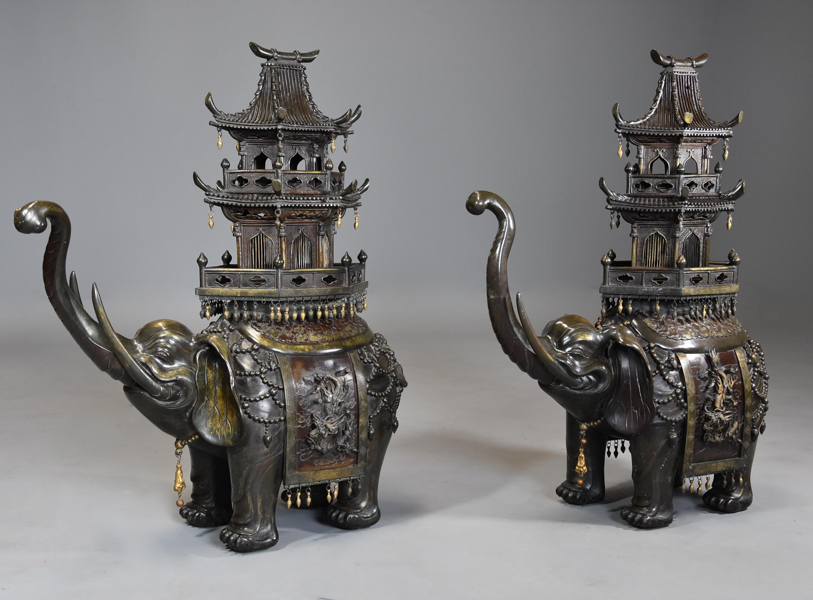 Pair of Large 19th Century Japanese Meiji Bronze Elephant Incense Burners In Good Condition For Sale In Suffolk, GB