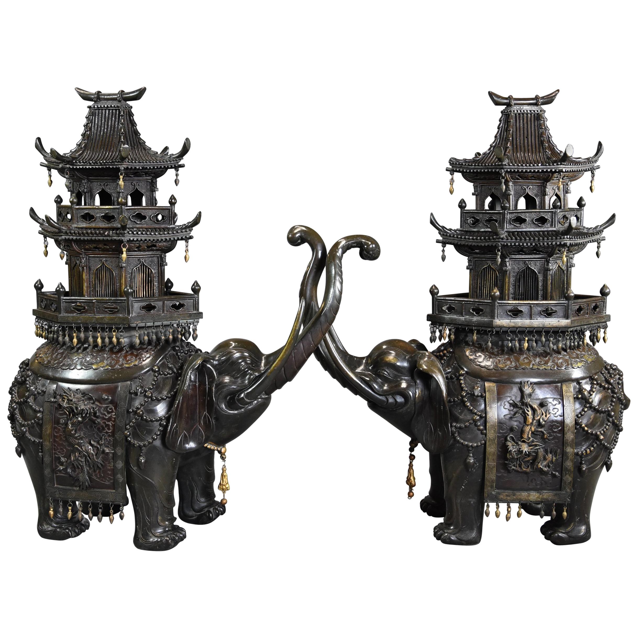Pair of Large 19th Century Japanese Meiji Bronze Elephant Incense Burners For Sale