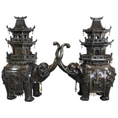 Antique Pair of Large 19th Century Japanese Meiji Bronze Elephant Incense Burners