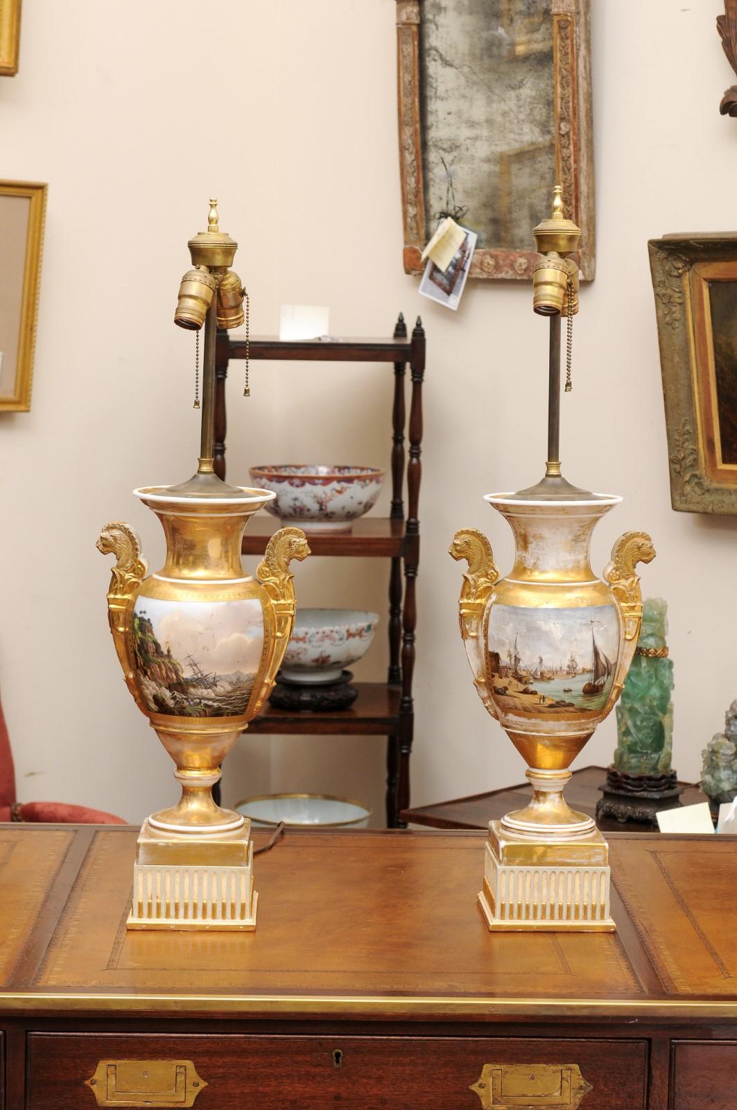 Pair of Large 19th Century Old Paris Porcelain Vases with Seascapes, wired as La For Sale 6