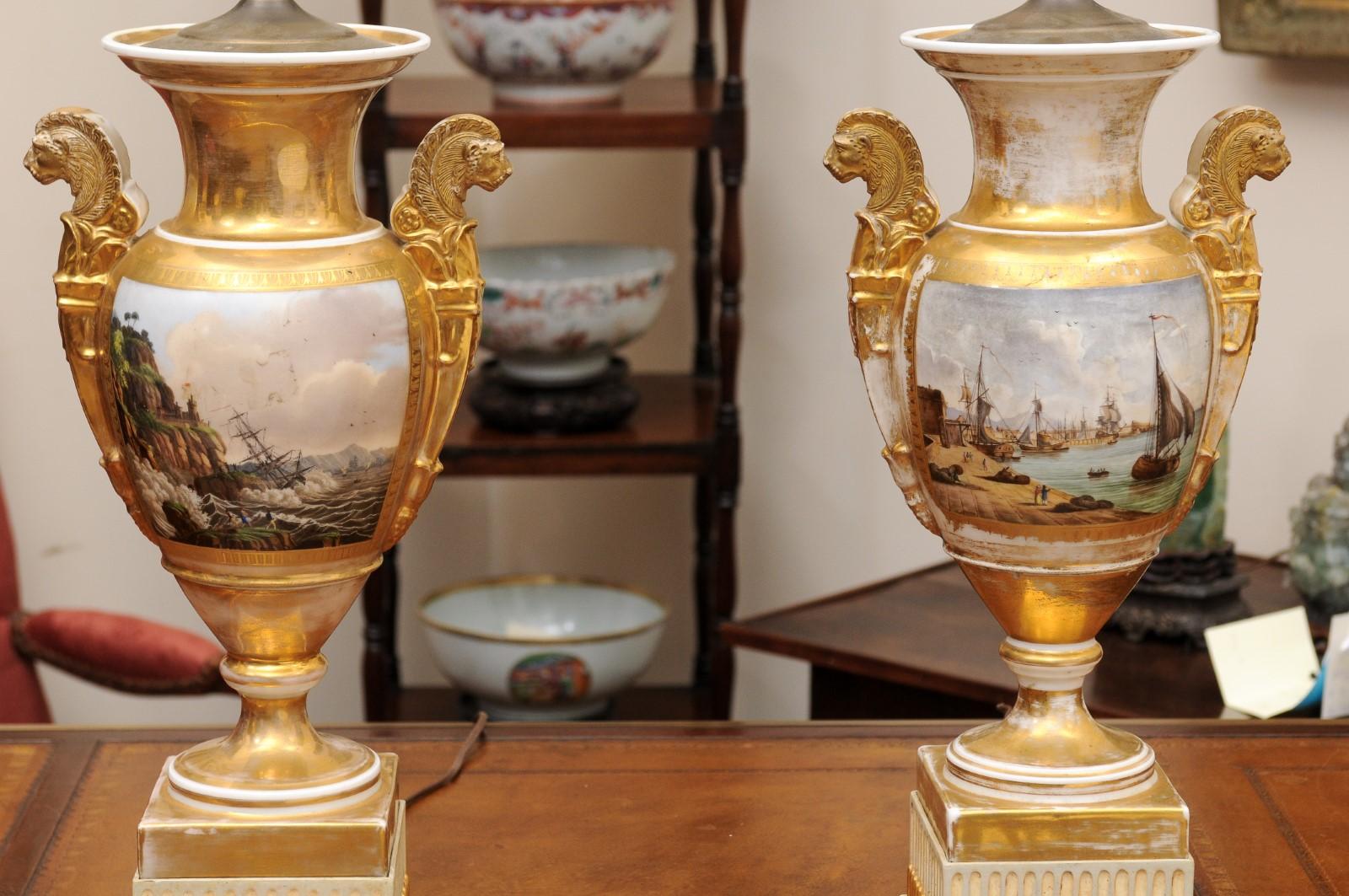 Pair of Large 19th Century Old Paris Porcelain Vases with Seascapes, wired as La For Sale 7