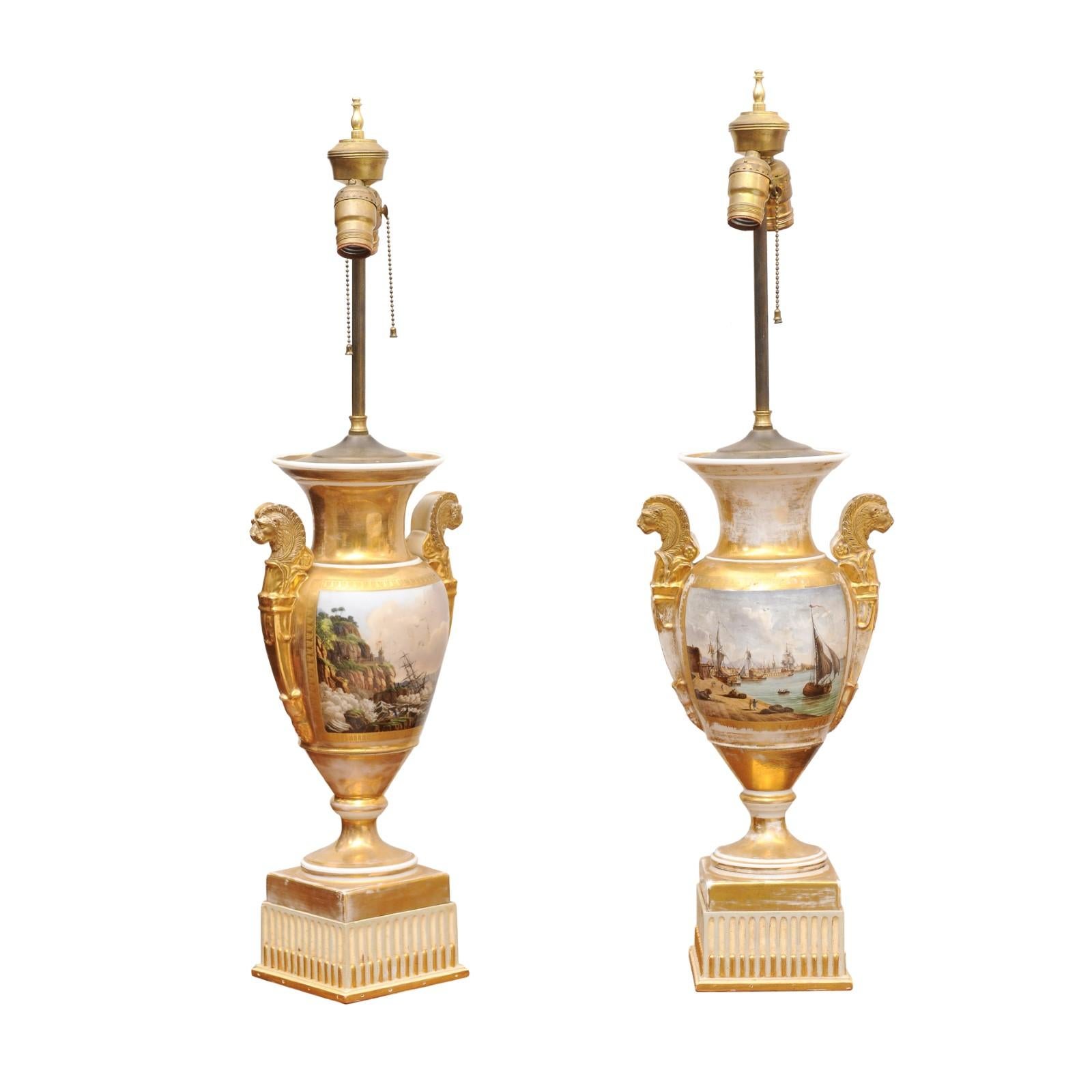 Pair of Large 19th Century Old Paris Porcelain Vases with Seascapes, wired as Lamps
