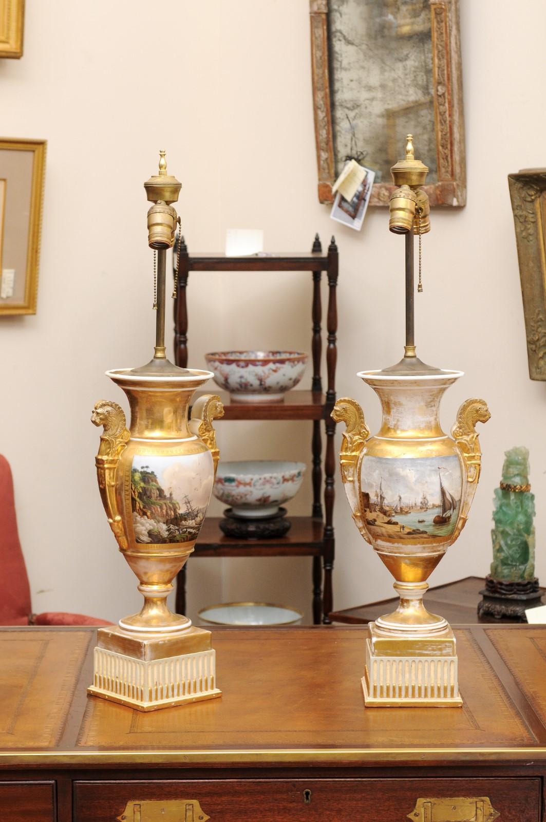 French Pair of Large 19th Century Old Paris Porcelain Vases with Seascapes, wired as La For Sale