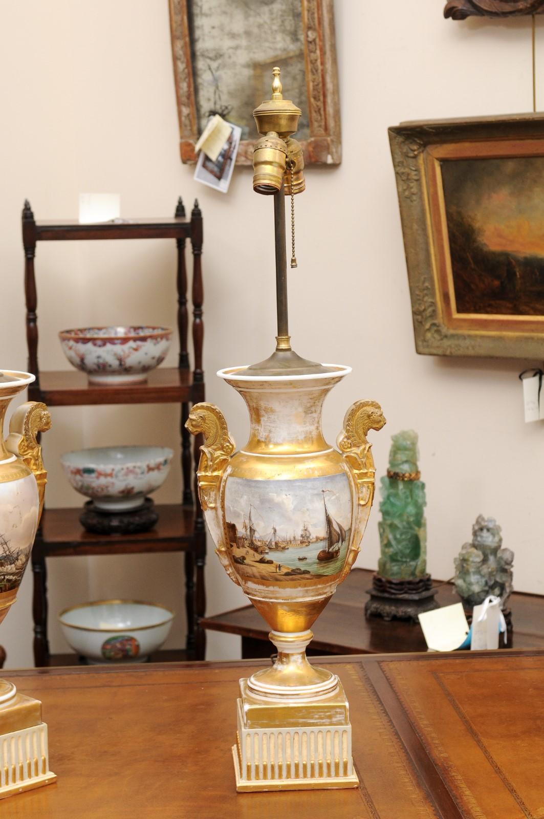 Pair of Large 19th Century Old Paris Porcelain Vases with Seascapes, wired as La For Sale 1