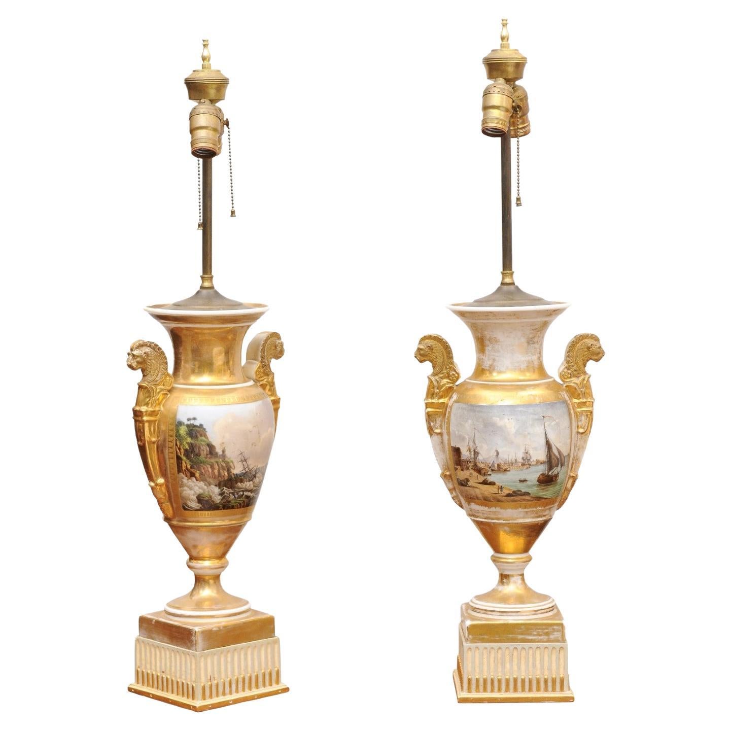 Pair of Large 19th Century Old Paris Porcelain Vases with Seascapes, wired as La For Sale