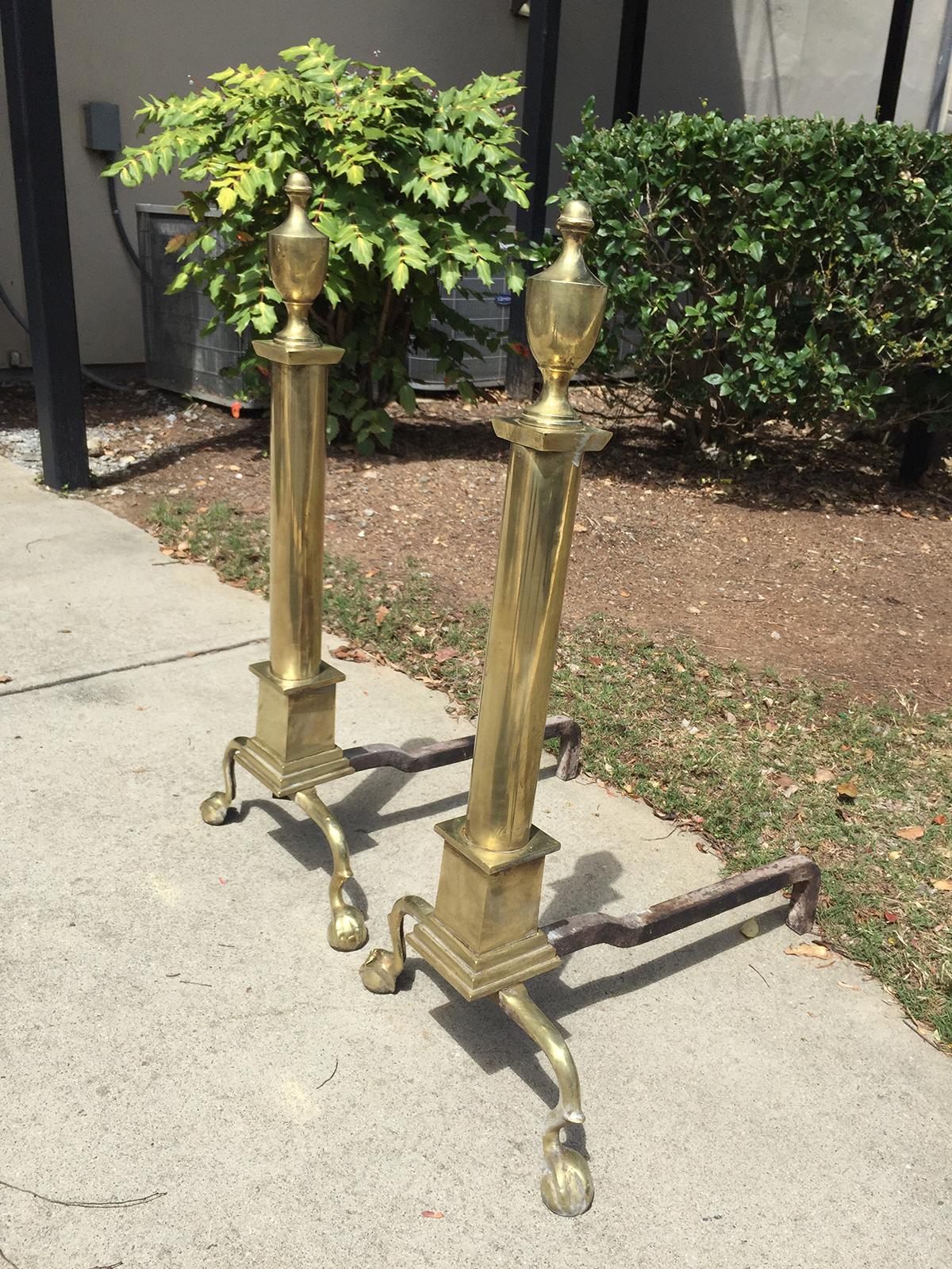 Pair of large 19th century or earlier American Federal style brass andirons.