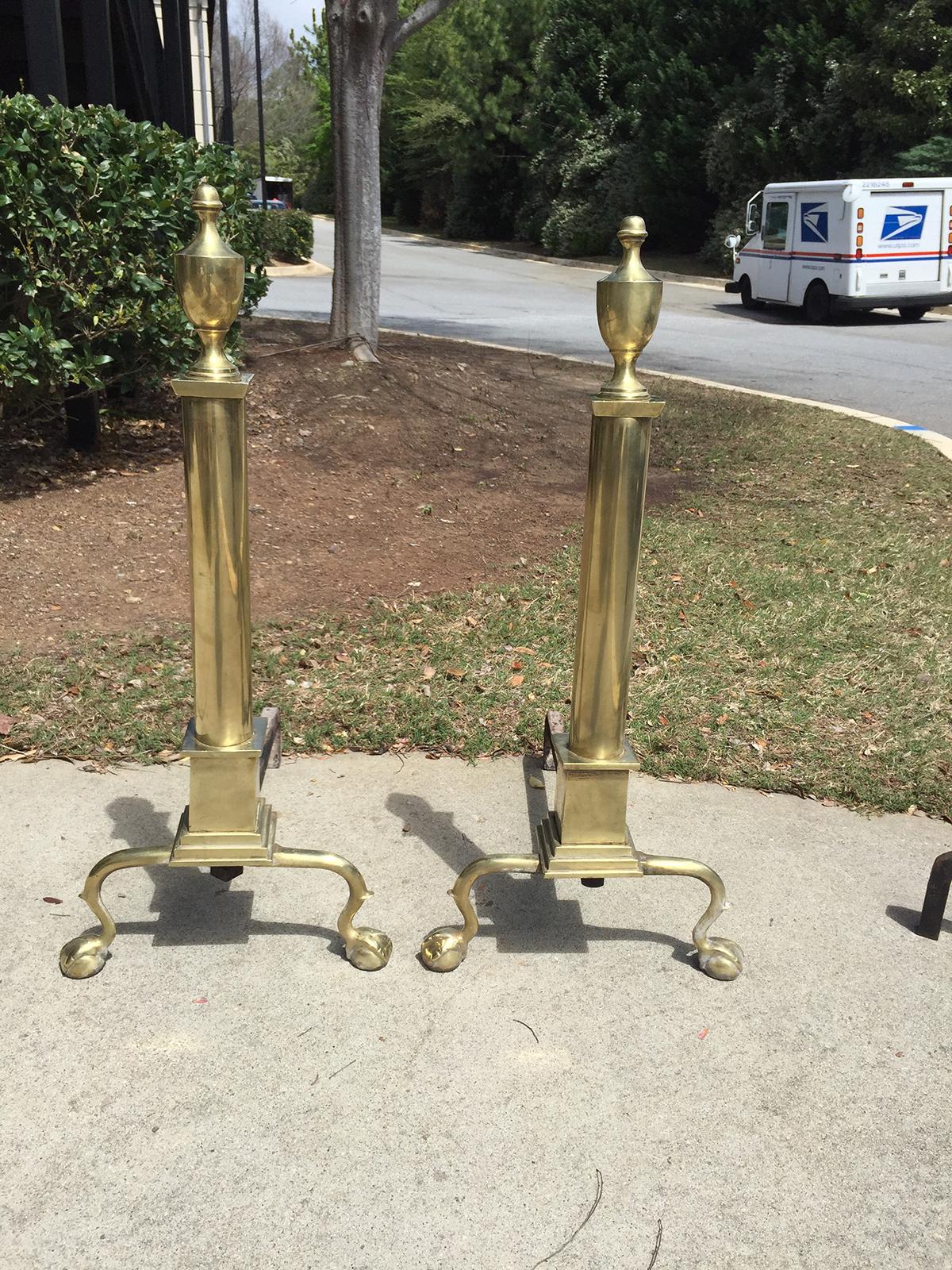 Pair of Large 19th Century or Earlier American Federal Style Brass Andirons 4