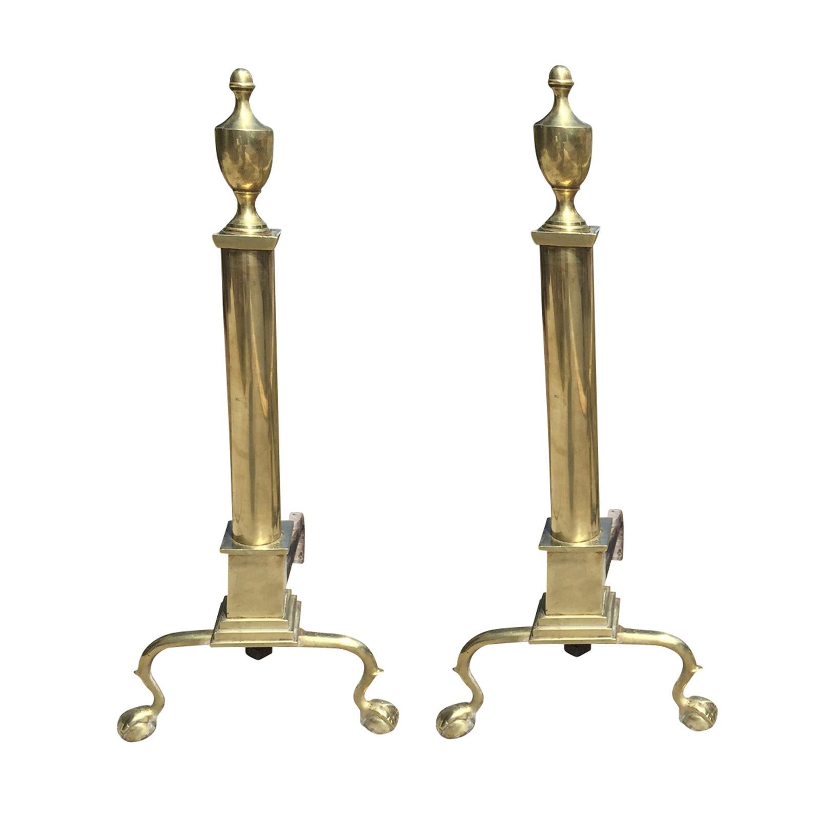 Pair of Large 19th Century or Earlier American Federal Style Brass Andirons