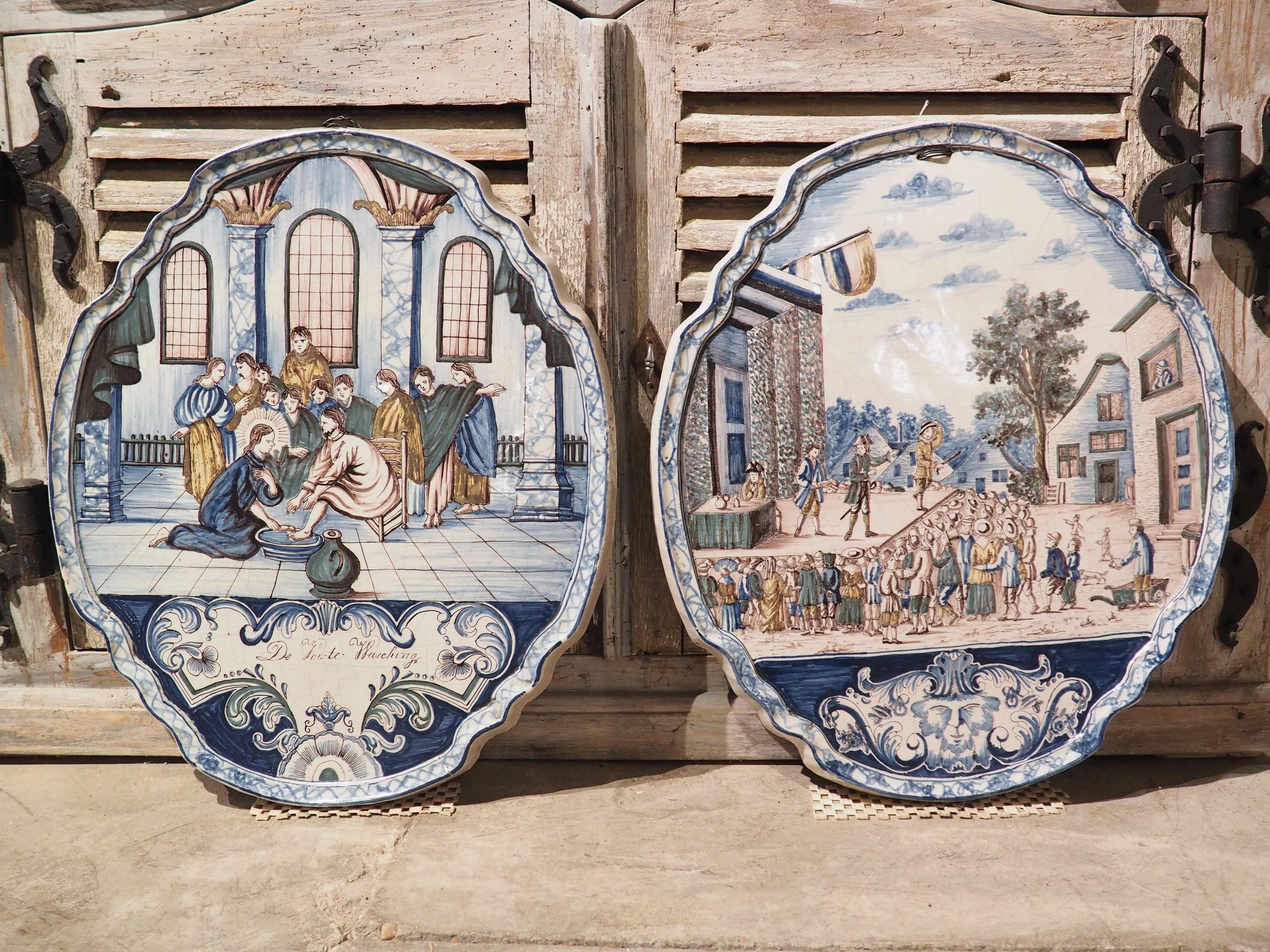 Pair of Large 19th Century Polychrome Faience Wall Plaques from Holland For Sale 13