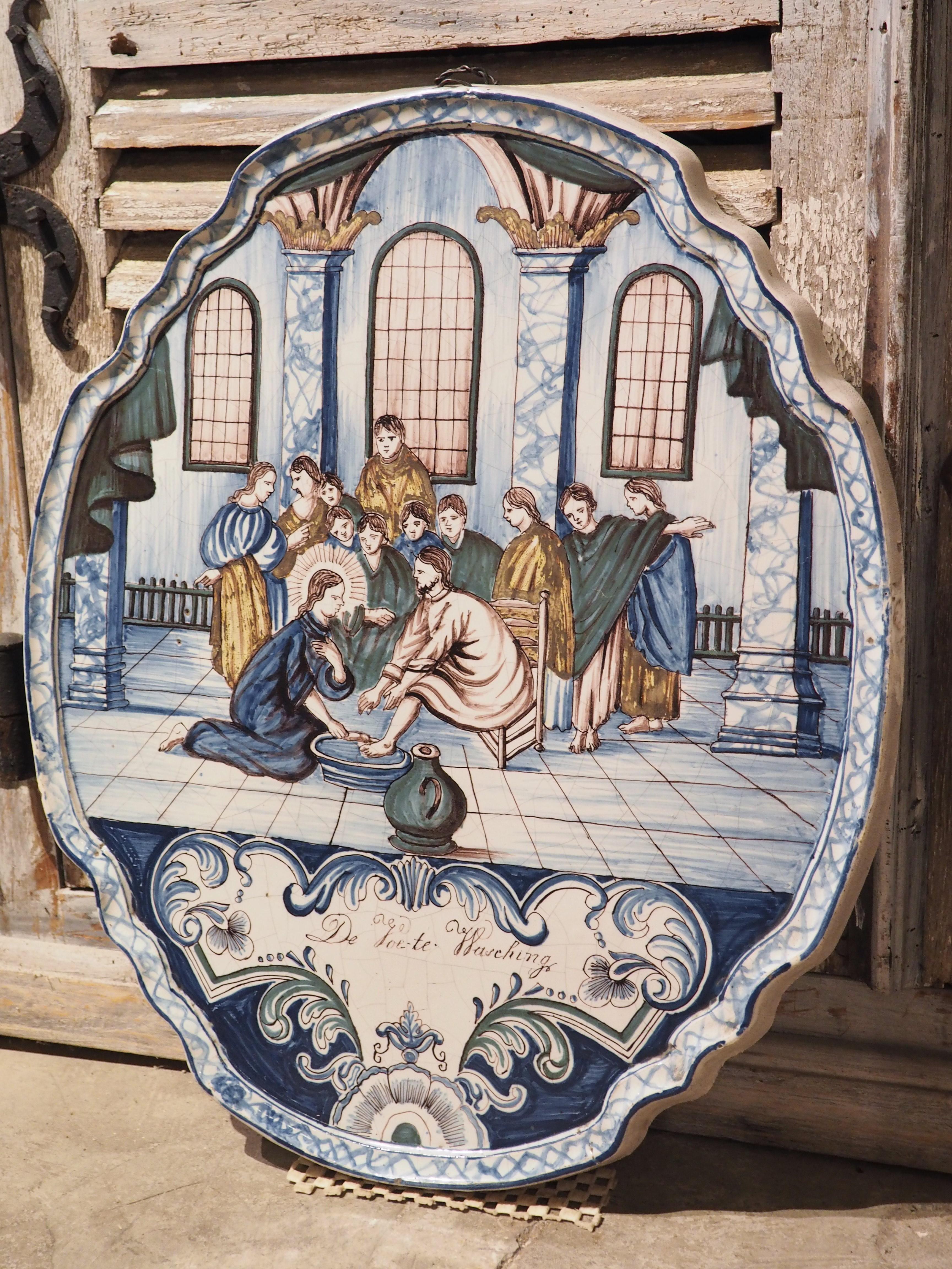 Hand-Painted Pair of Large 19th Century Polychrome Faience Wall Plaques from Holland For Sale
