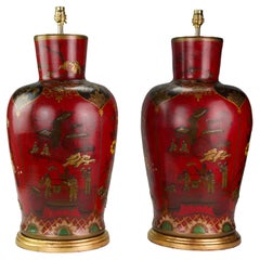 Pair of Large 19th Century Red Berlinware Chinoiserie Antique Table Lamp