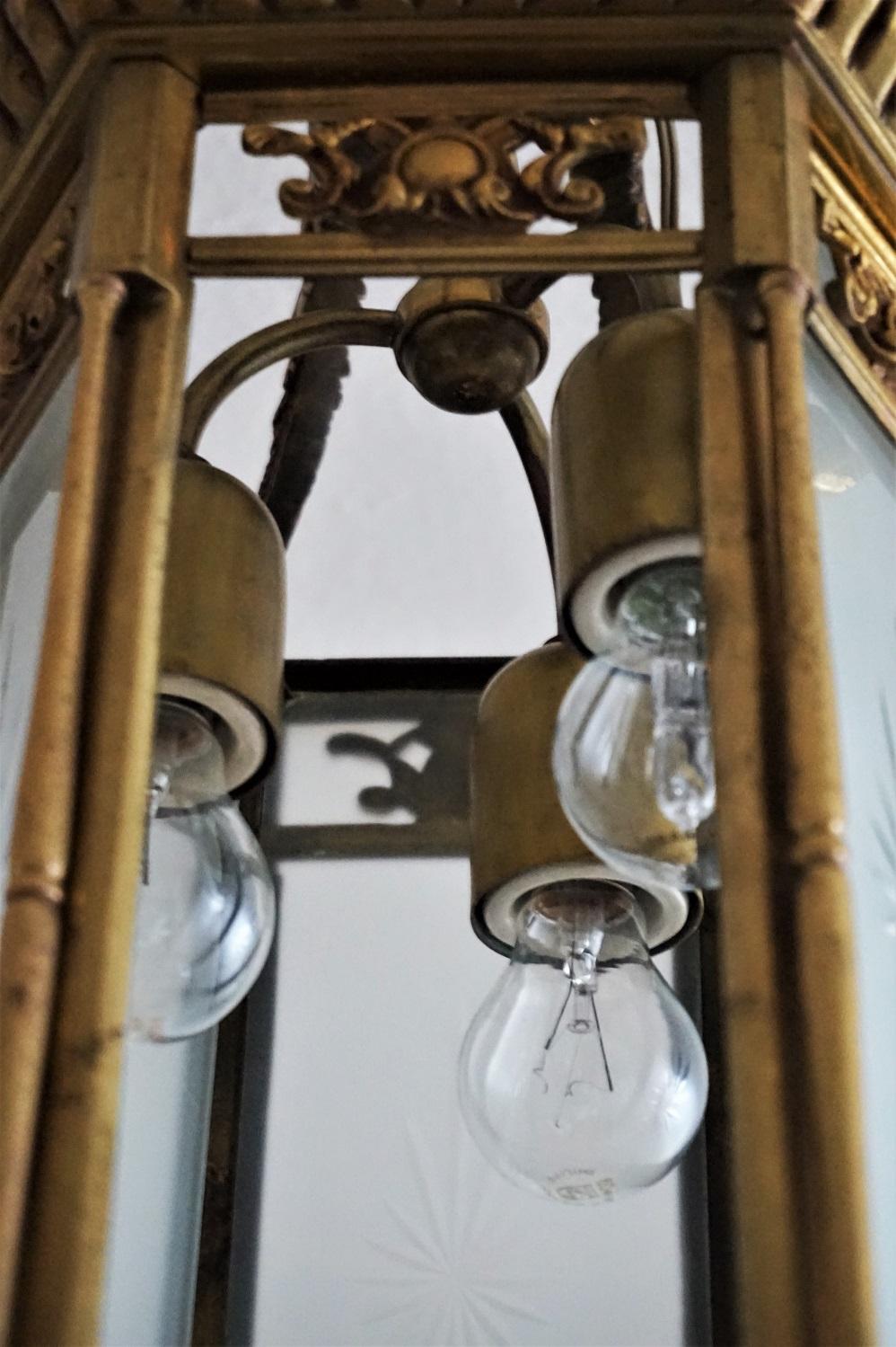 Pair of Large 19th Century Regency Style Bronze Cut-Glass Three-Light Lanterns 13