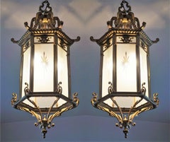 Pair of Large 19th Century Regency Style Bronze Cut-Glass Three-Light Lanterns