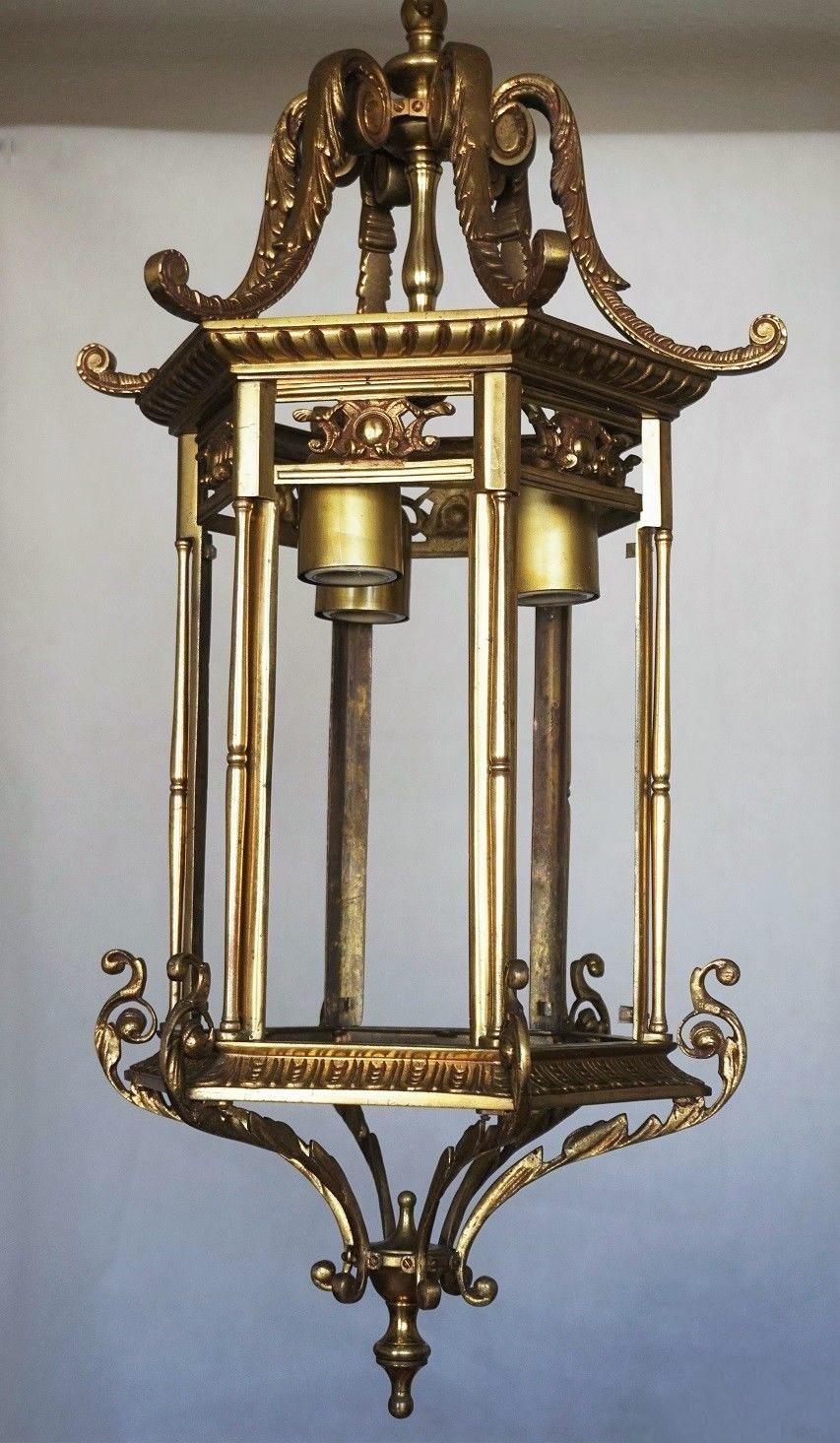 Pair of Large 19th Century Regency Style Bronze Cut-Glass Three-Light Lanterns 14