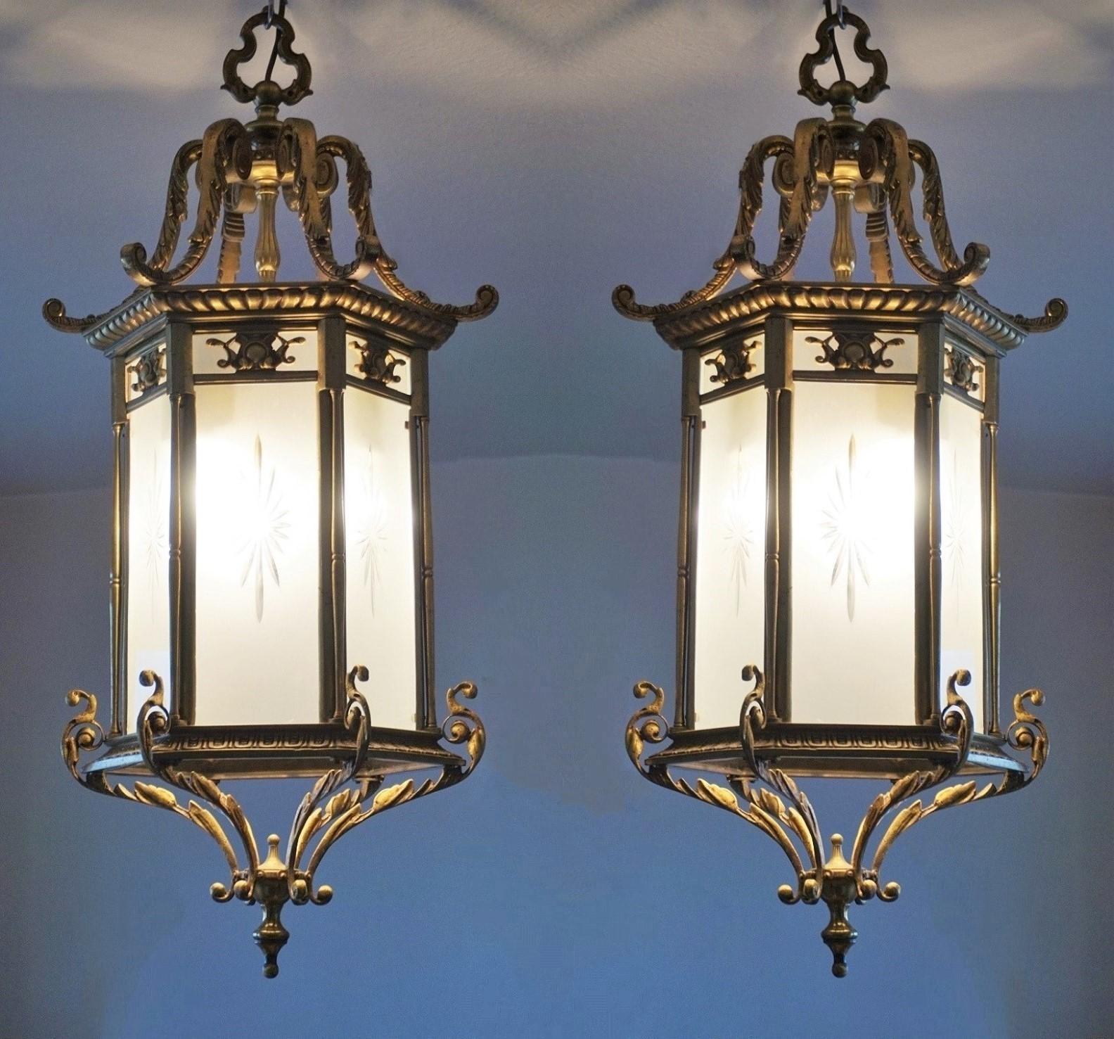 French Pair of Large 19th Century Regency Style Bronze Cut-Glass Three-Light Lanterns