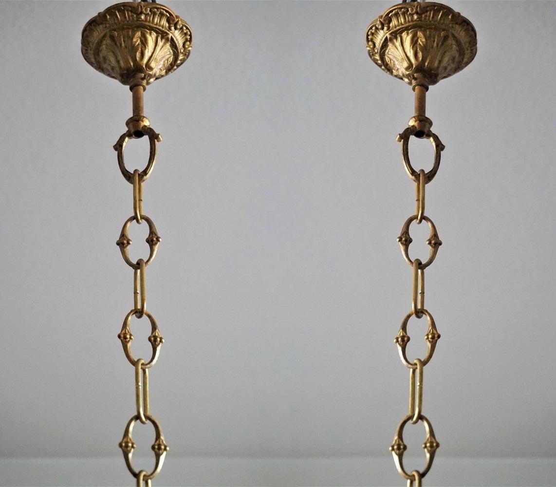 Frosted Pair of Large 19th Century Regency Style Bronze Cut-Glass Three-Light Lanterns