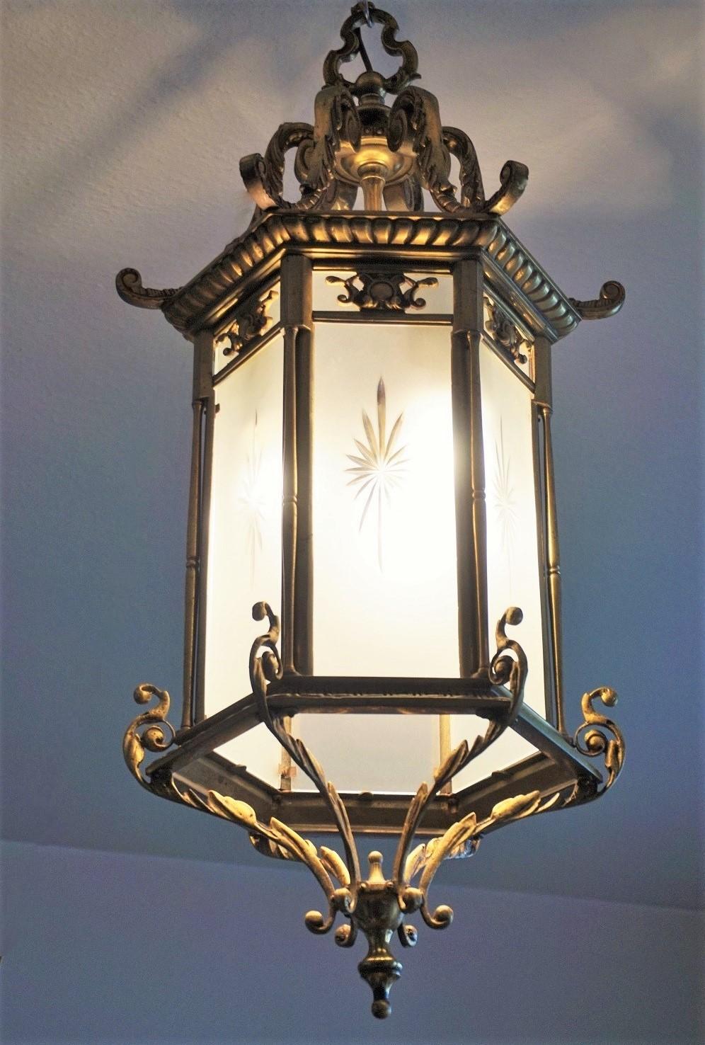Brass Pair of Large 19th Century Regency Style Bronze Cut-Glass Three-Light Lanterns