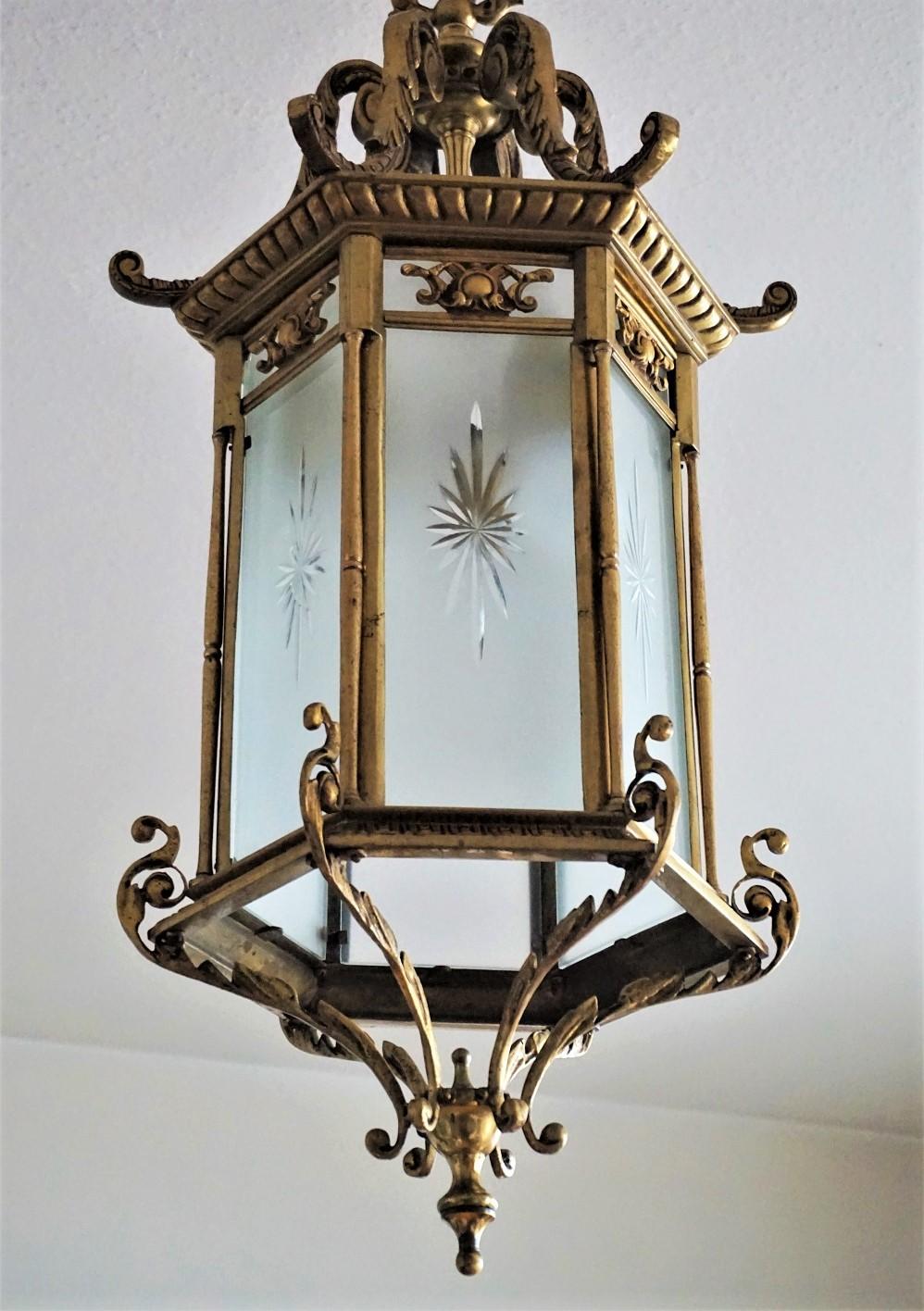 Pair of Large 19th Century Regency Style Bronze Cut-Glass Three-Light Lanterns 3
