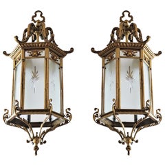 Pair of Large 19th Century Regency Style Bronze Cut-Glass Three-Light Lanterns