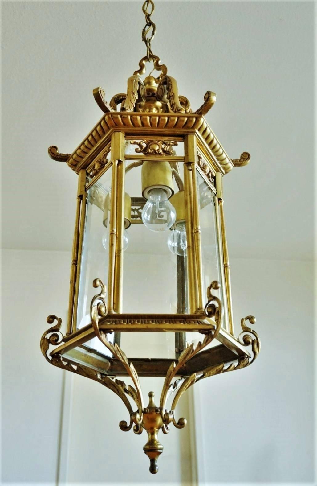 French Pair of Large 19th Century Regency Style Bronze Faceted Glass Lanterns