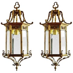 Antique Pair of Large 19th Century Regency Style Bronze Faceted Glass Lanterns