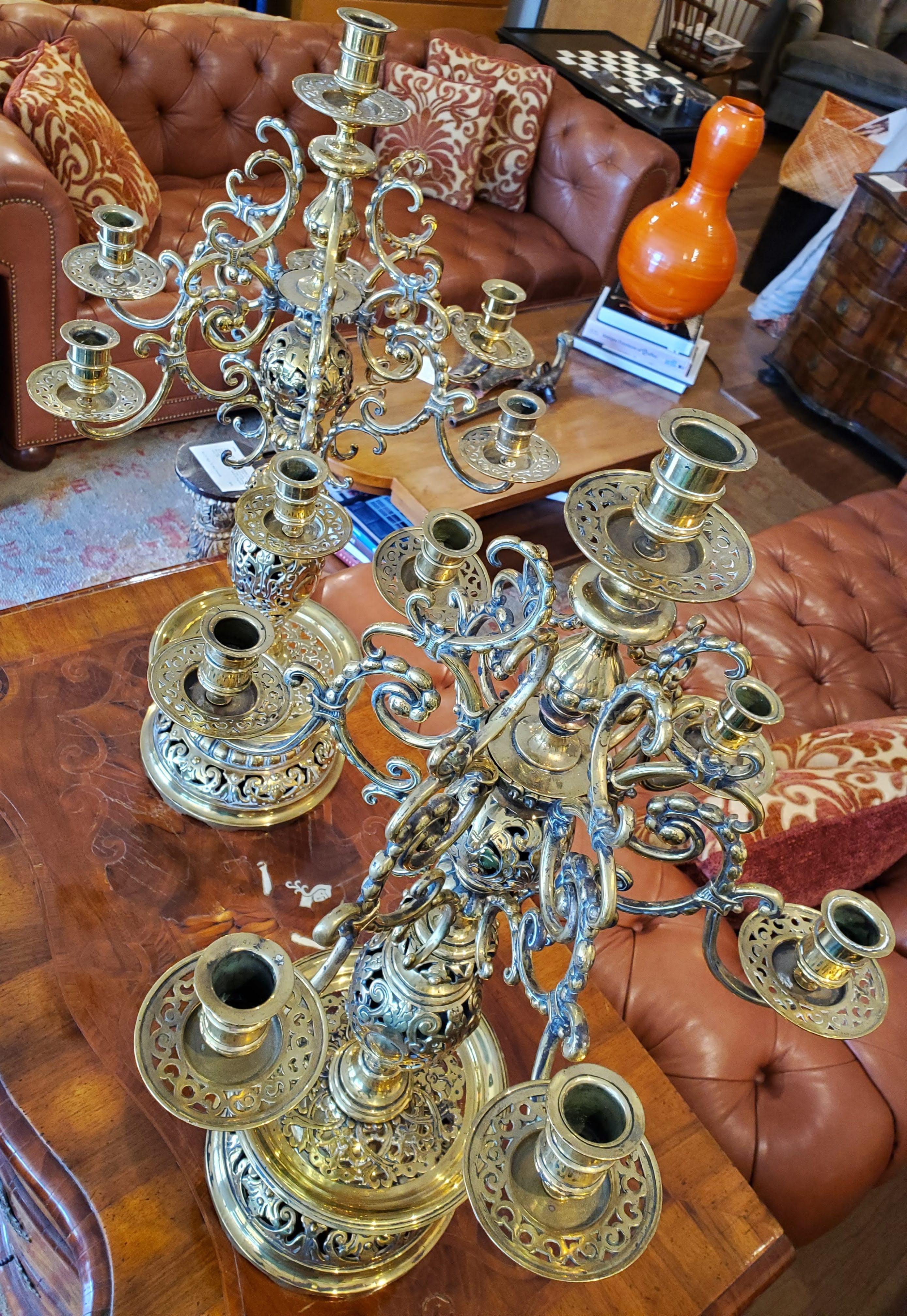 Moorish Large Pair of 19th Century Russian Brass Candelabra with Turkish Influence For Sale