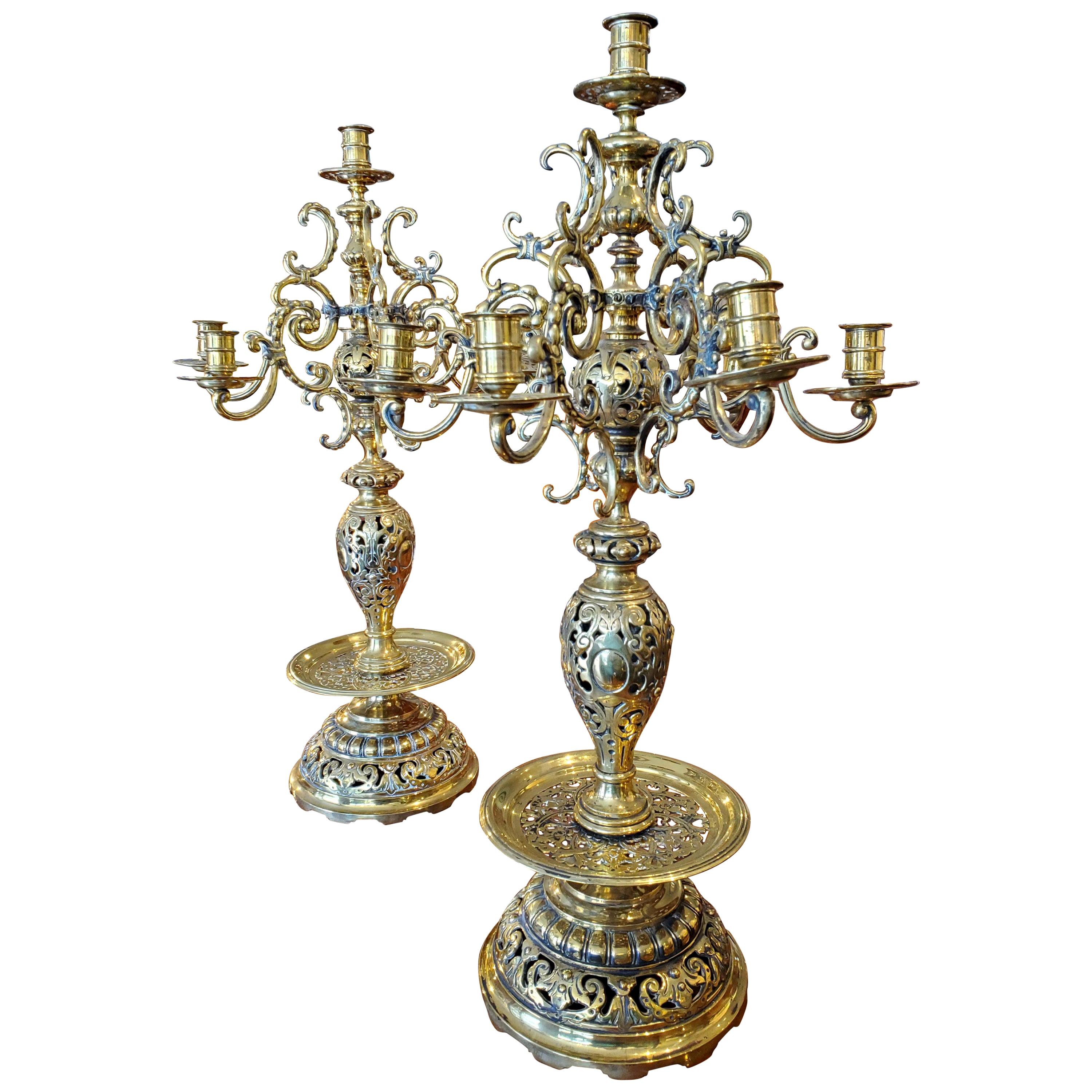 Large Pair of 19th Century Russian Brass Candelabra with Turkish Influence