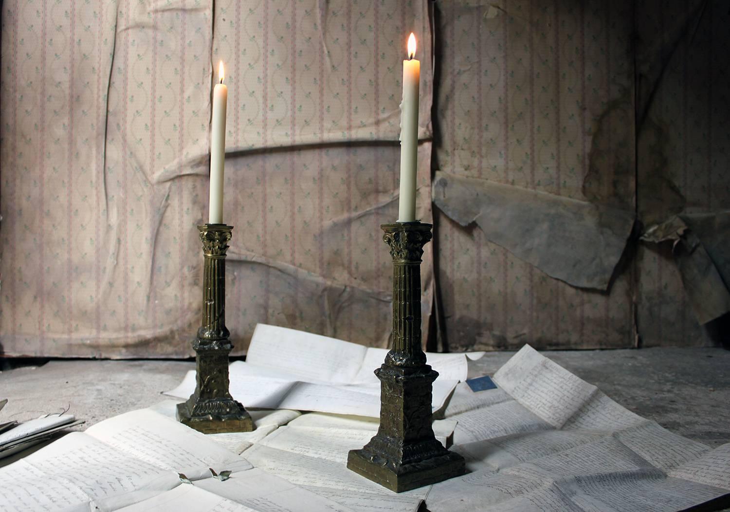 Pair of Large Ormolu Candlesticks Modelled as Corinthian Capital Ruins 3