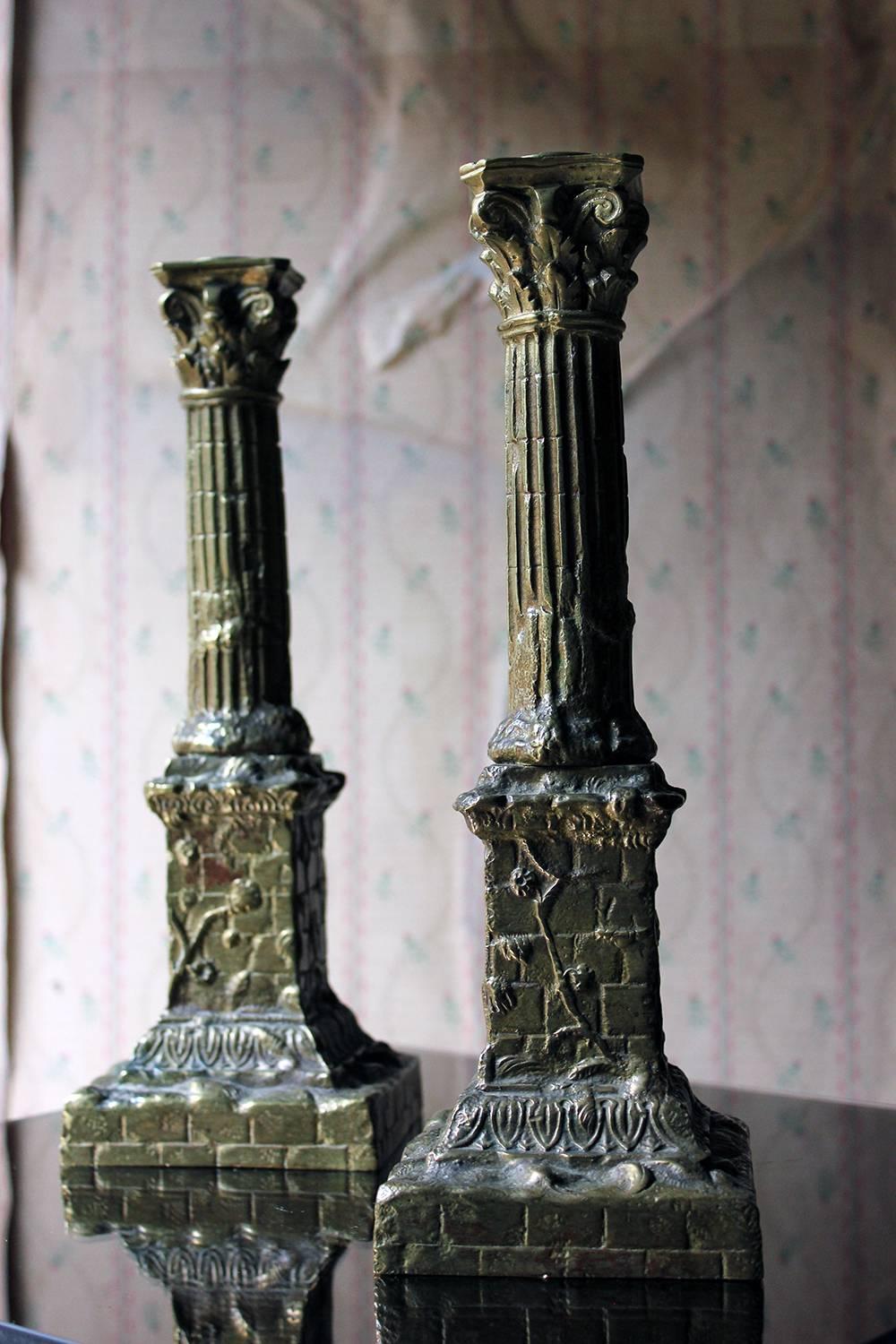Late 19th Century Pair of Large Ormolu Candlesticks Modelled as Corinthian Capital Ruins