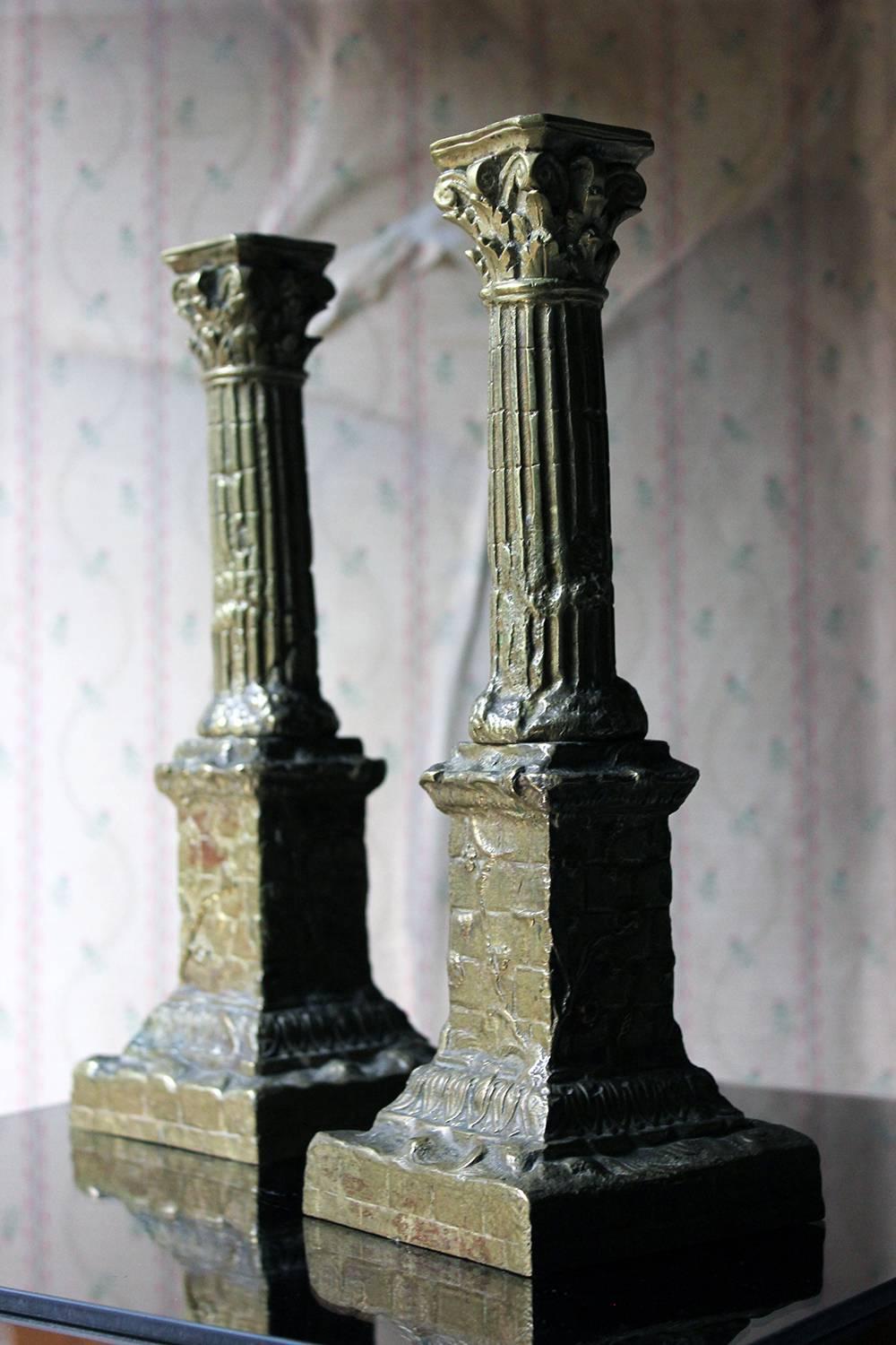 Pair of Large Ormolu Candlesticks Modelled as Corinthian Capital Ruins 1
