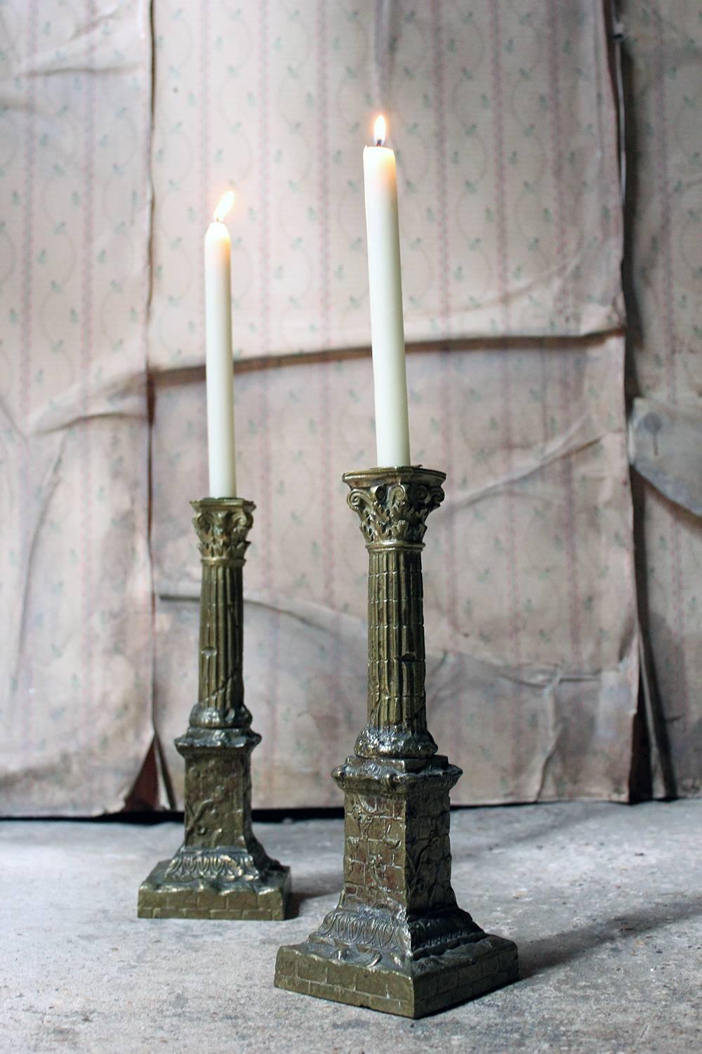 Pair of Large Ormolu Candlesticks Modelled as Corinthian Capital Ruins 2