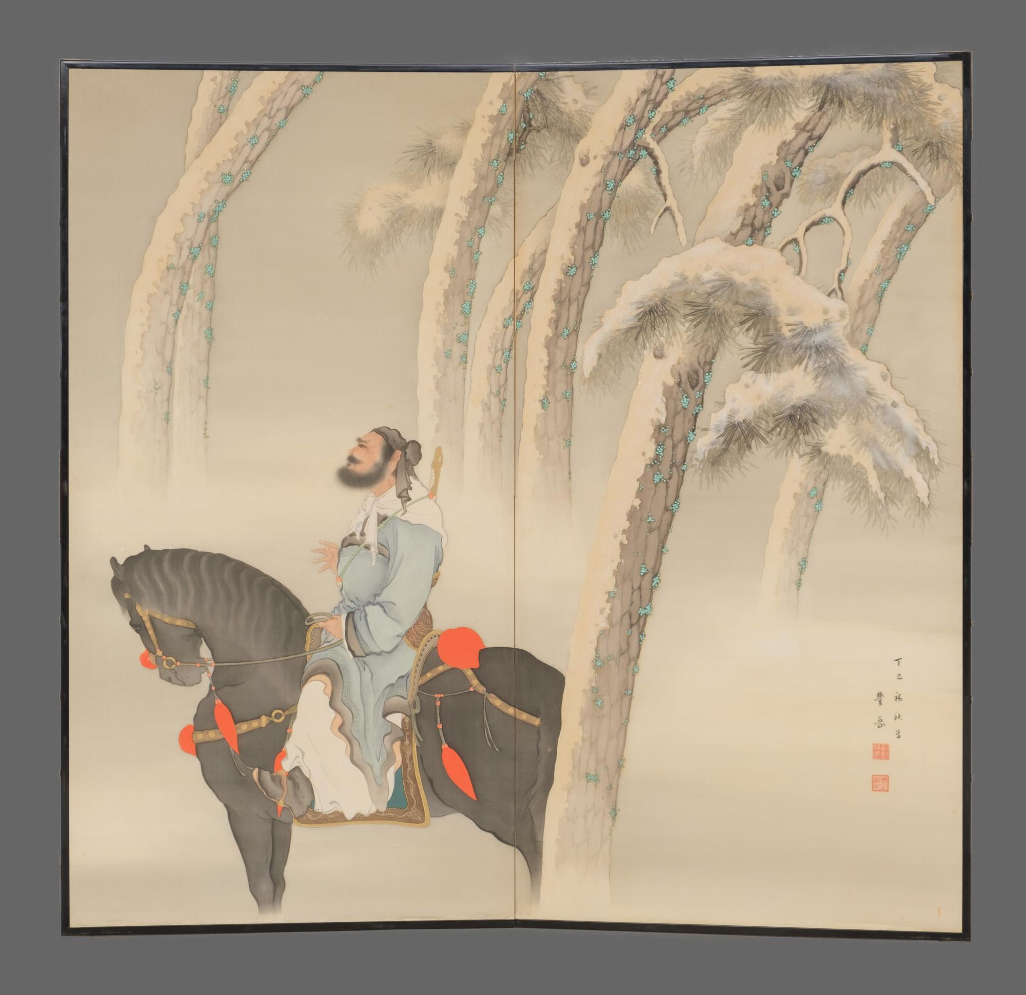 Pair of large Japanese byôbu 屏風 with Chinese warriors in a winter landscape 7